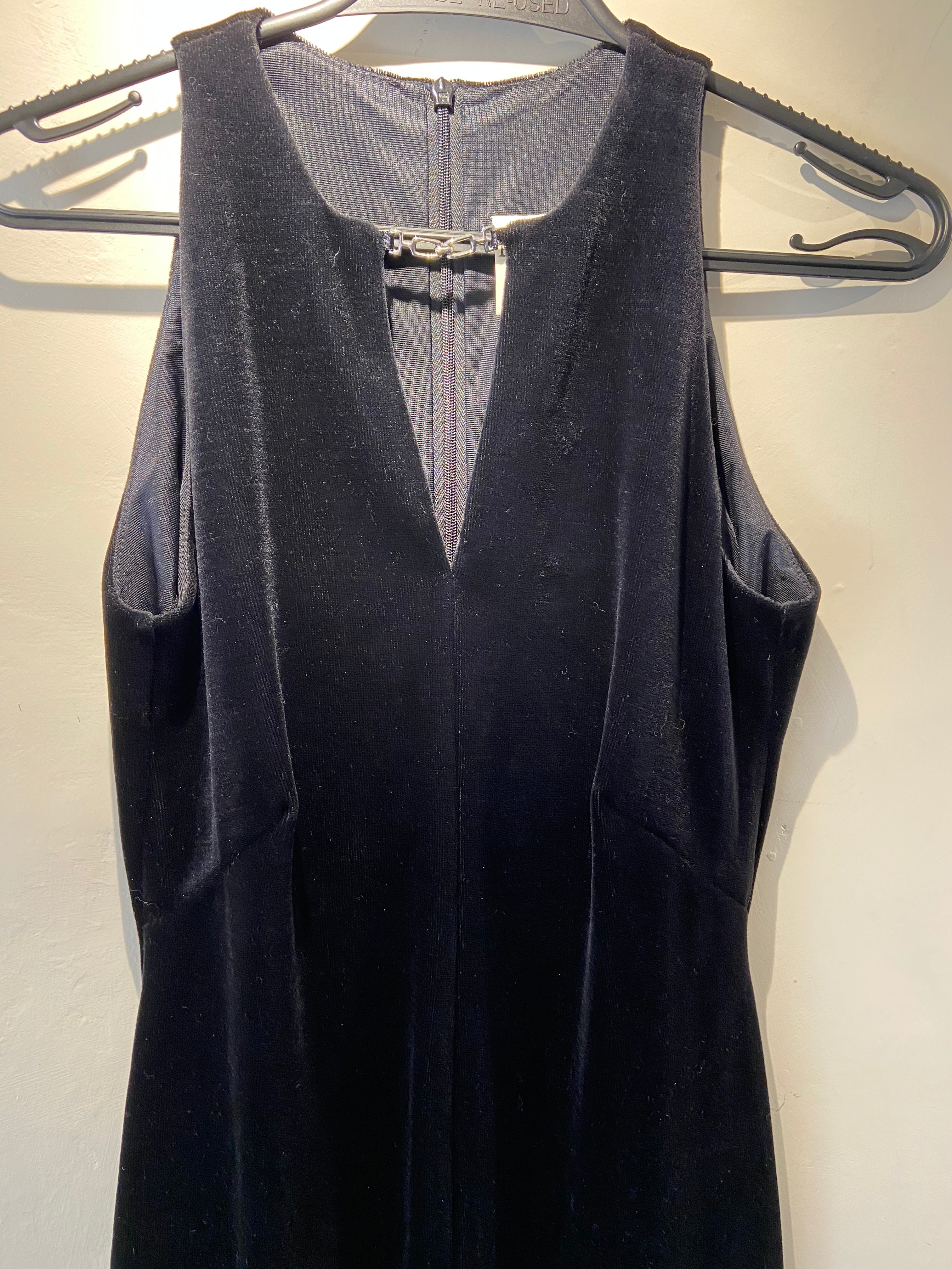 Etam Black Velvet pencil dress with chain detail, size 8