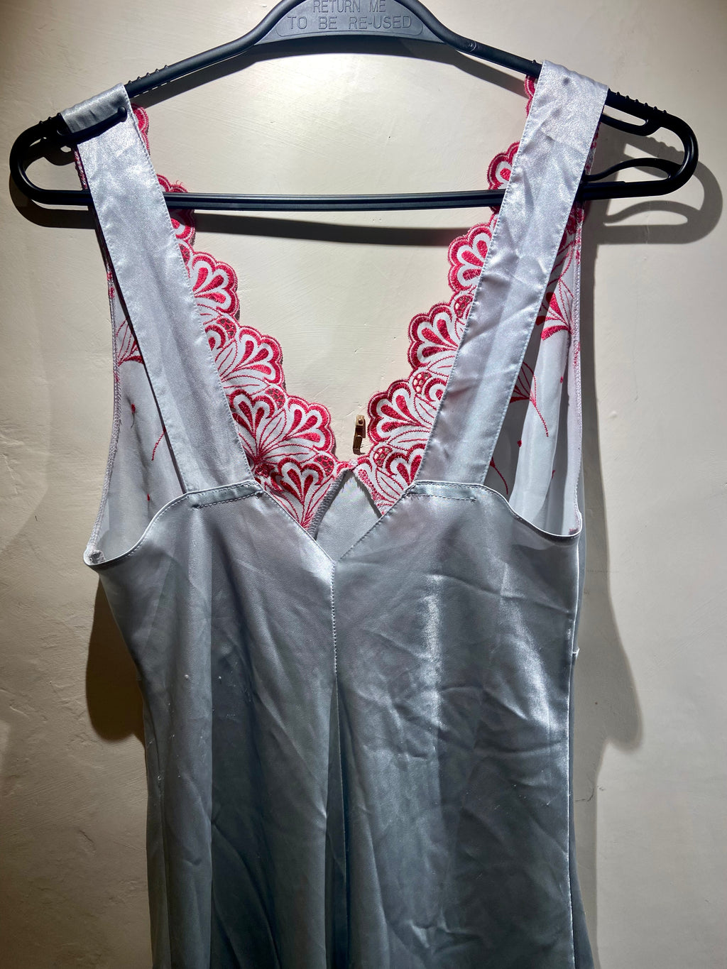 Upcycled Marks & Spencer Pale Blue Slip midi dress with red lace (10-12)