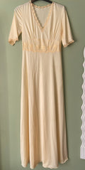 1970s pale yellow/cream lace cap sleeve maxi dress, size 8-10