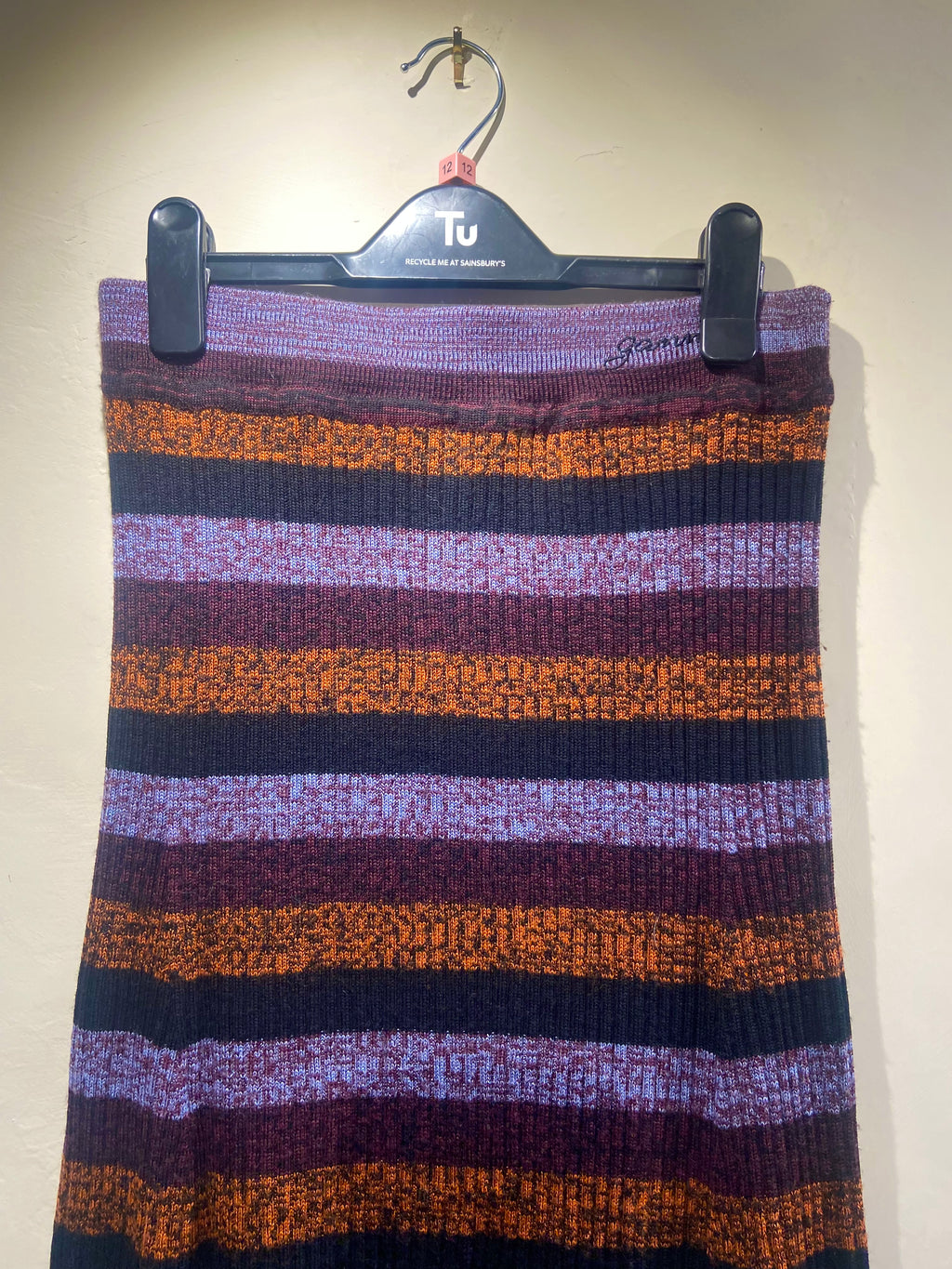 Ganni Merino Wool purple black and orange melange stripe midi skirt (10)