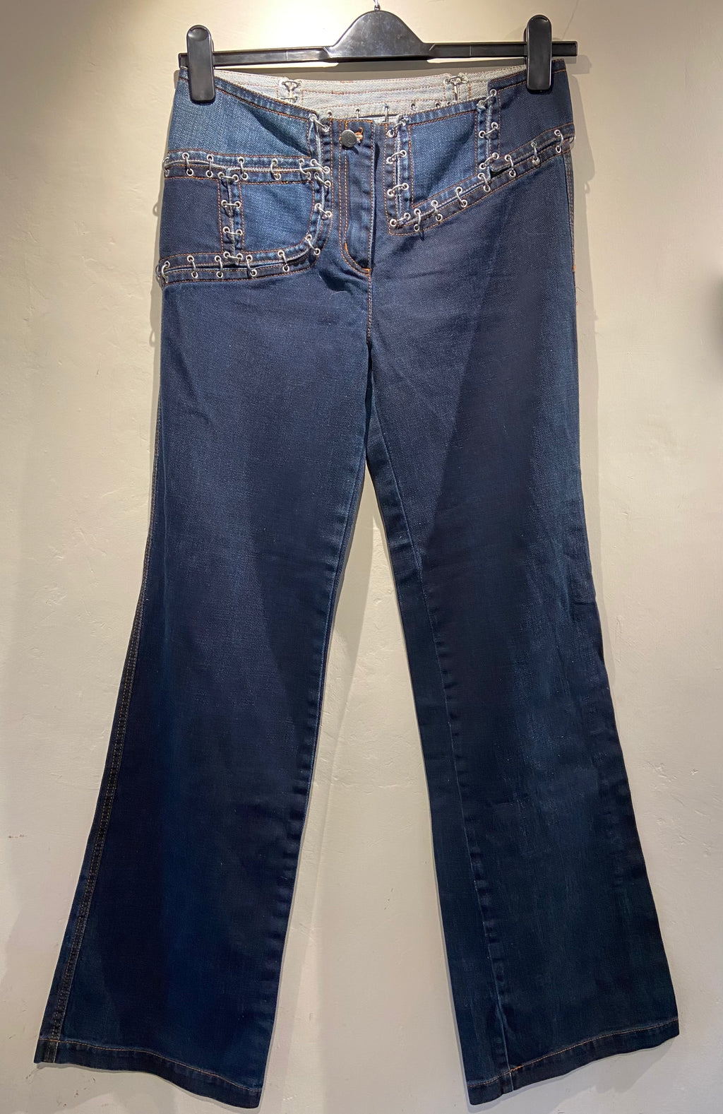 Jean Paul Gautier 2000's Blue low rise jeans with cutout and metalware (10)