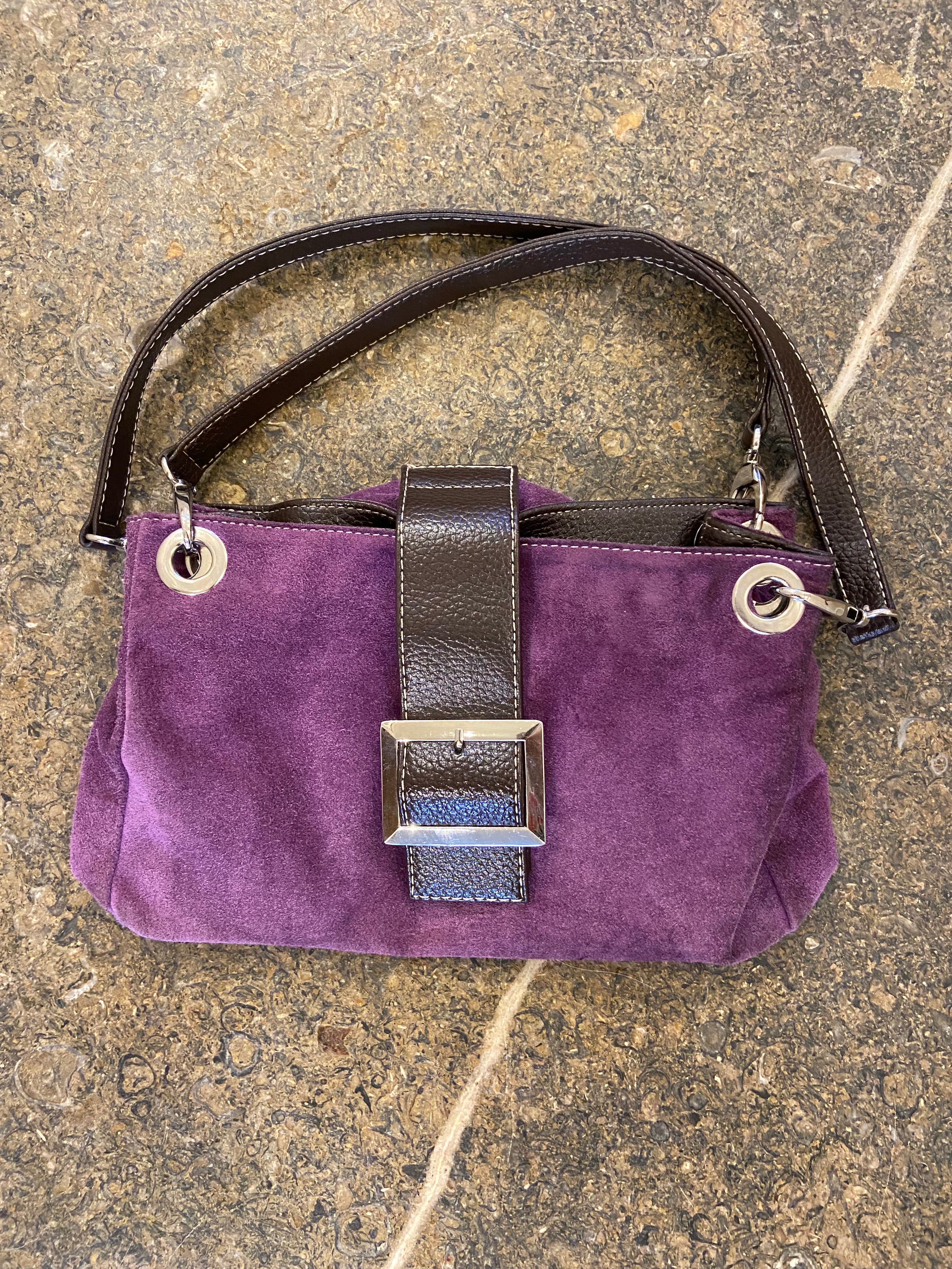 Purple and Brown faux suede & leather handbag