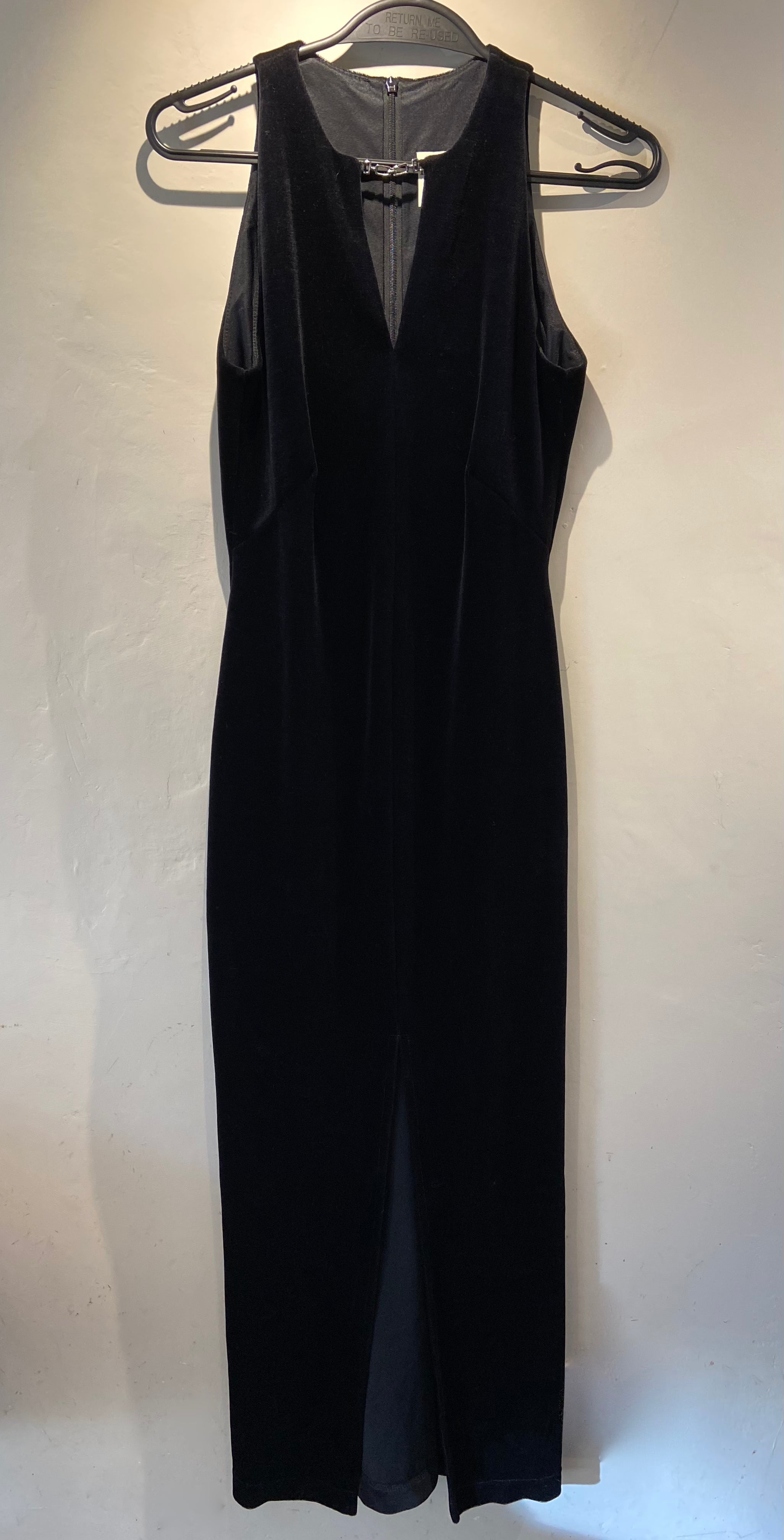 Etam Black Velvet pencil dress with chain detail, size 8