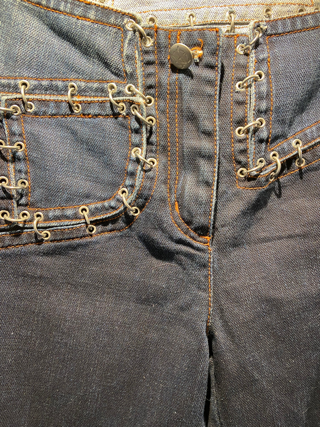 Jean Paul Gautier 2000's Blue low rise jeans with cutout and metalware (10)