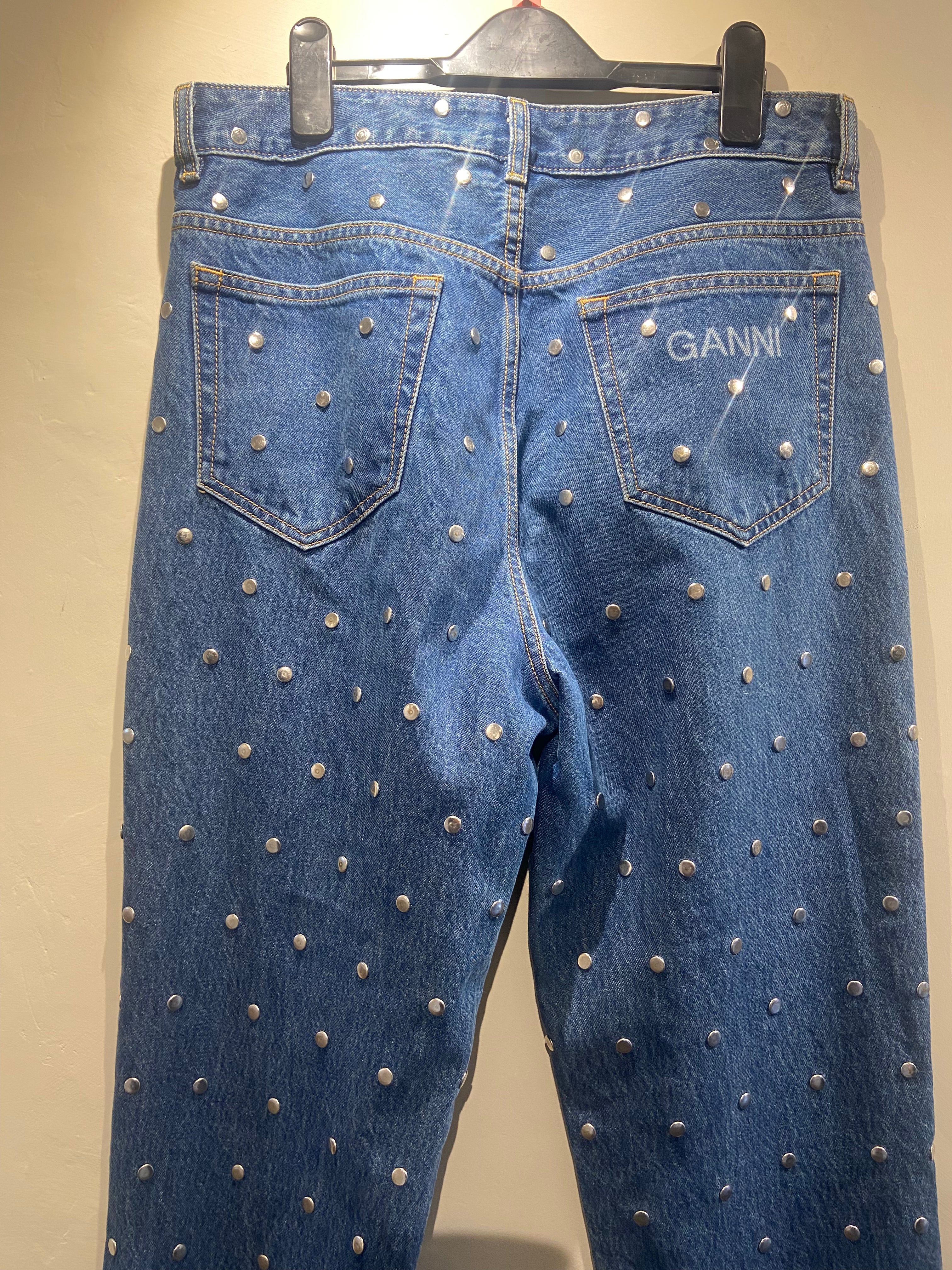 Ganni Blue tapered straight leg jeans with silver stud detail (12)