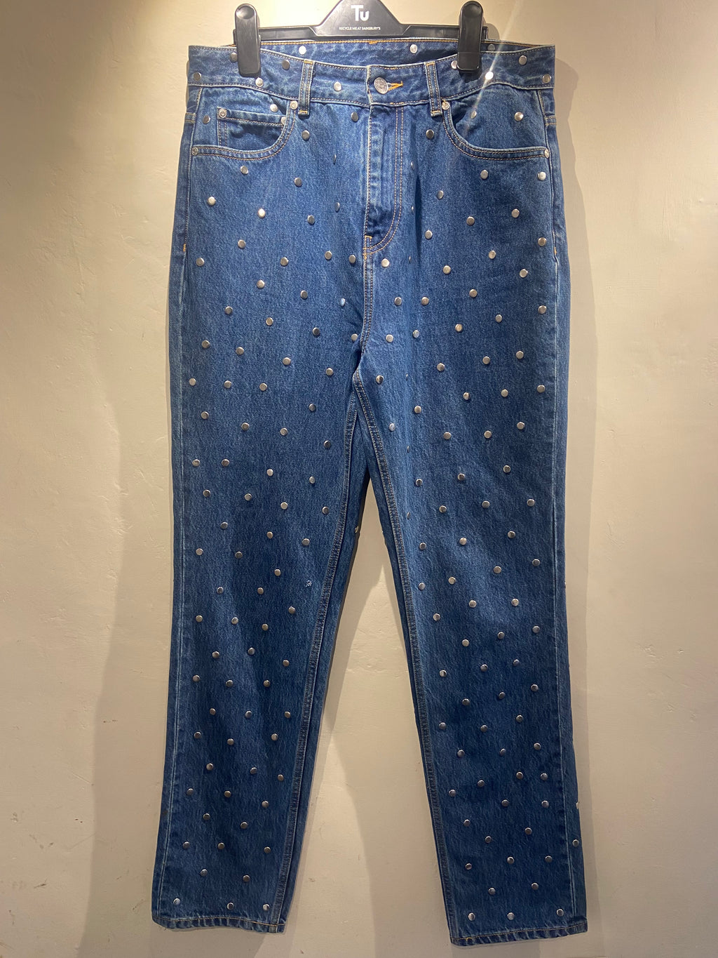 Ganni Blue tapered straight leg jeans with silver stud detail (12)