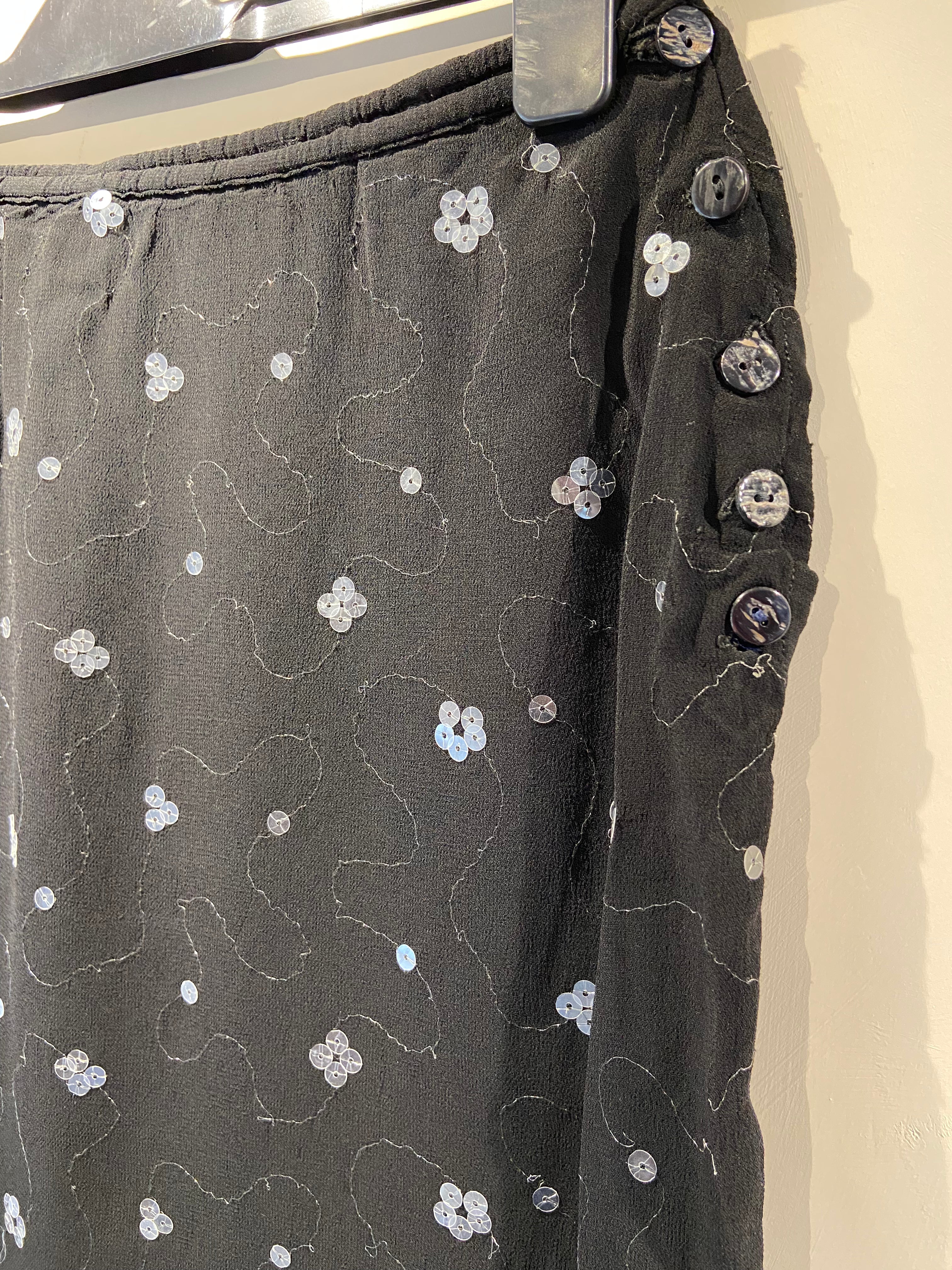 Ghost Black crepe midi skirt with swirl sequin embroidery (8-10)