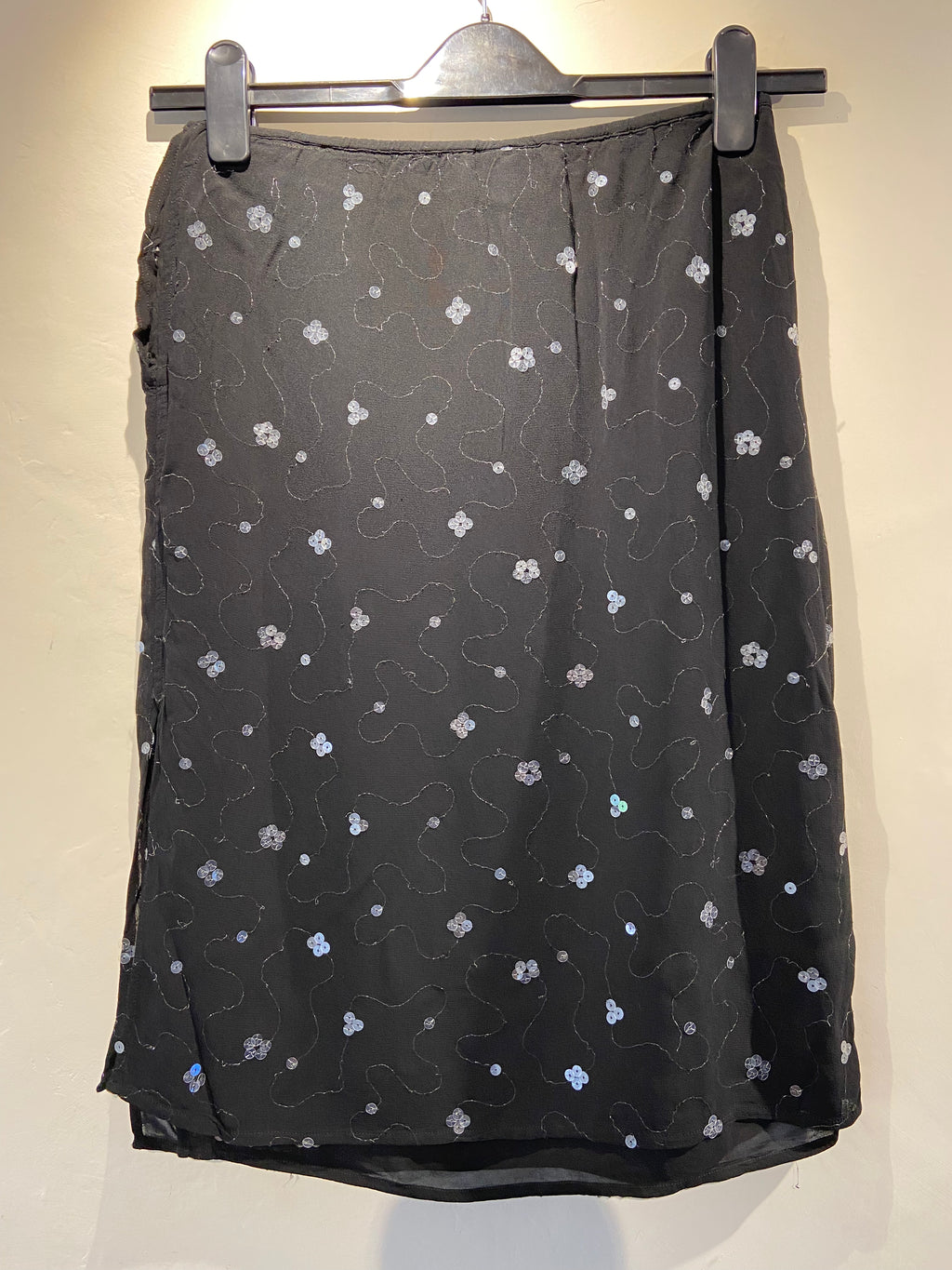 Ghost Black crepe midi skirt with swirl sequin embroidery (8-10)