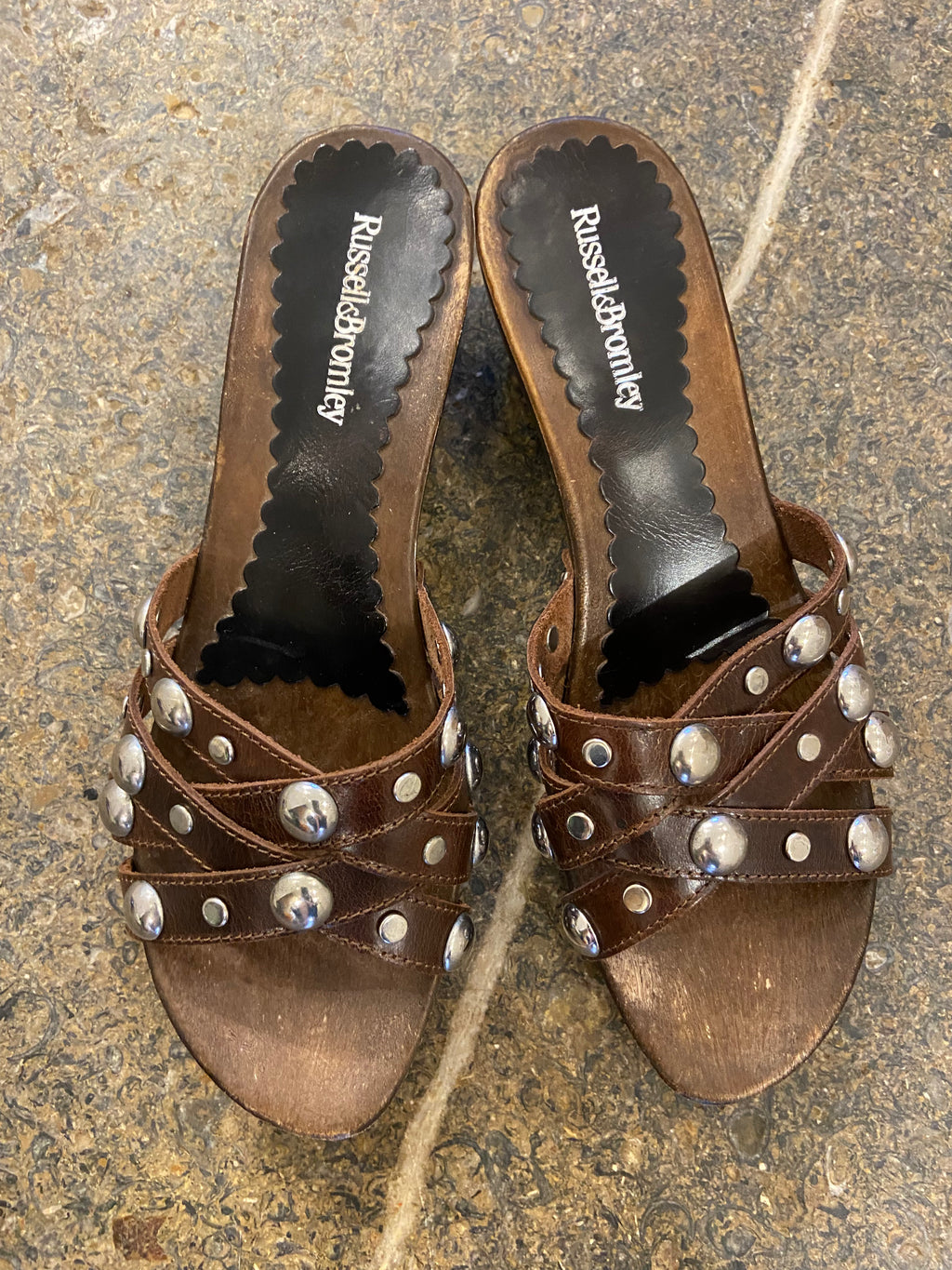 Russel & Bromley Brown Mule heels with silver studs (5.5-6)