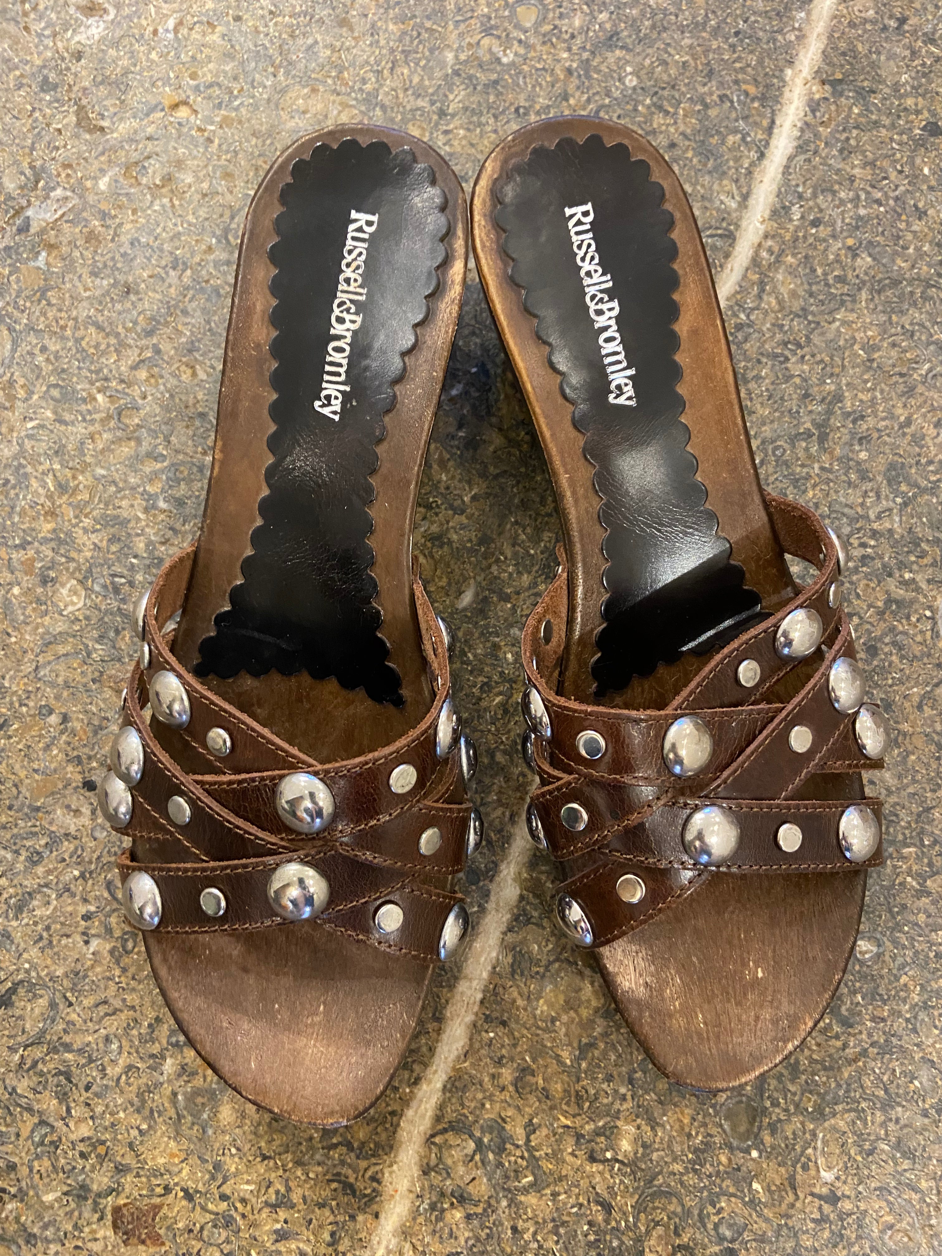 Russel & Bromley Brown Mule heels with silver studs (5.5-6)