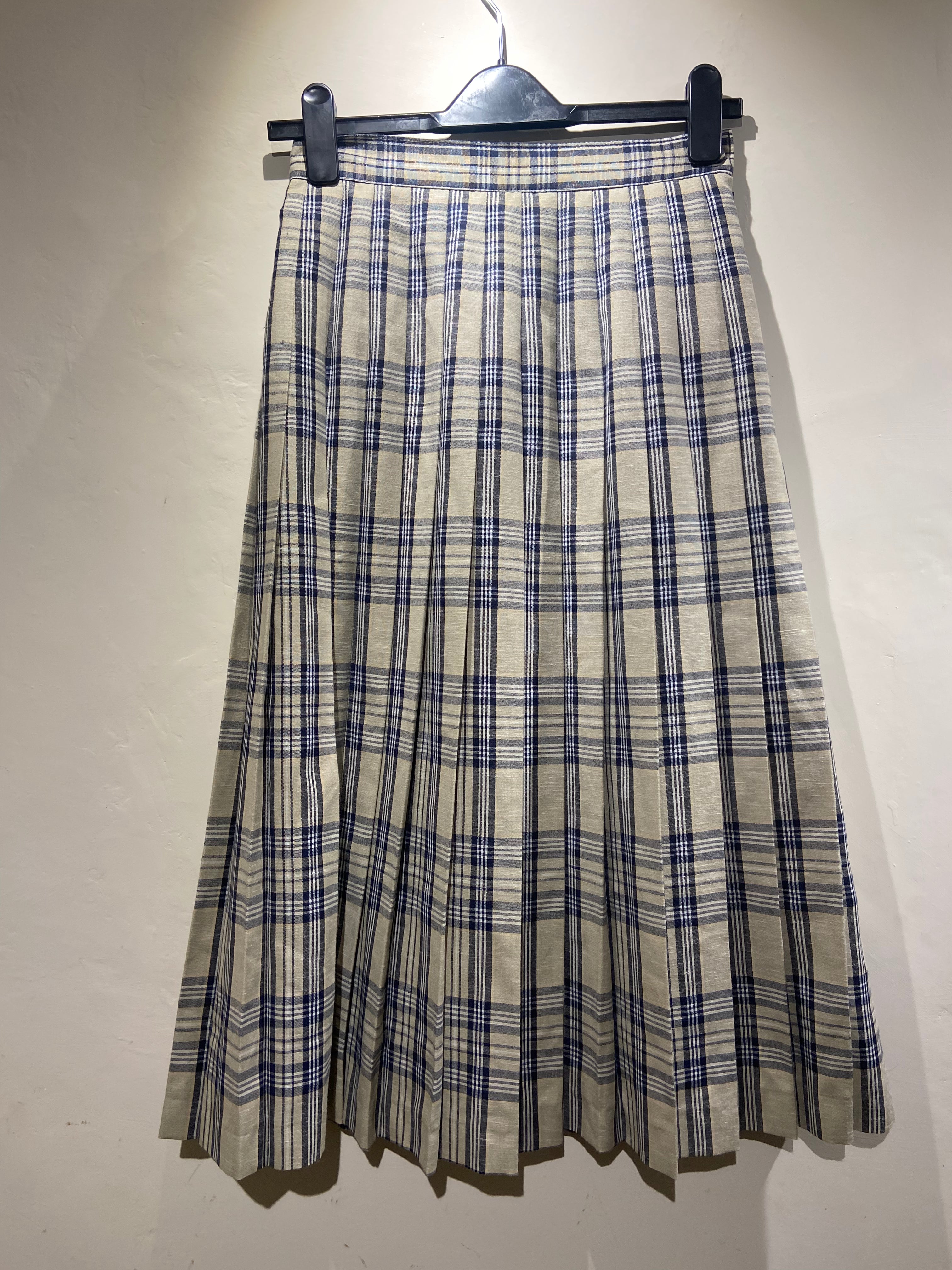 Beige, blue and black checked pleated midi skirt (6-8)