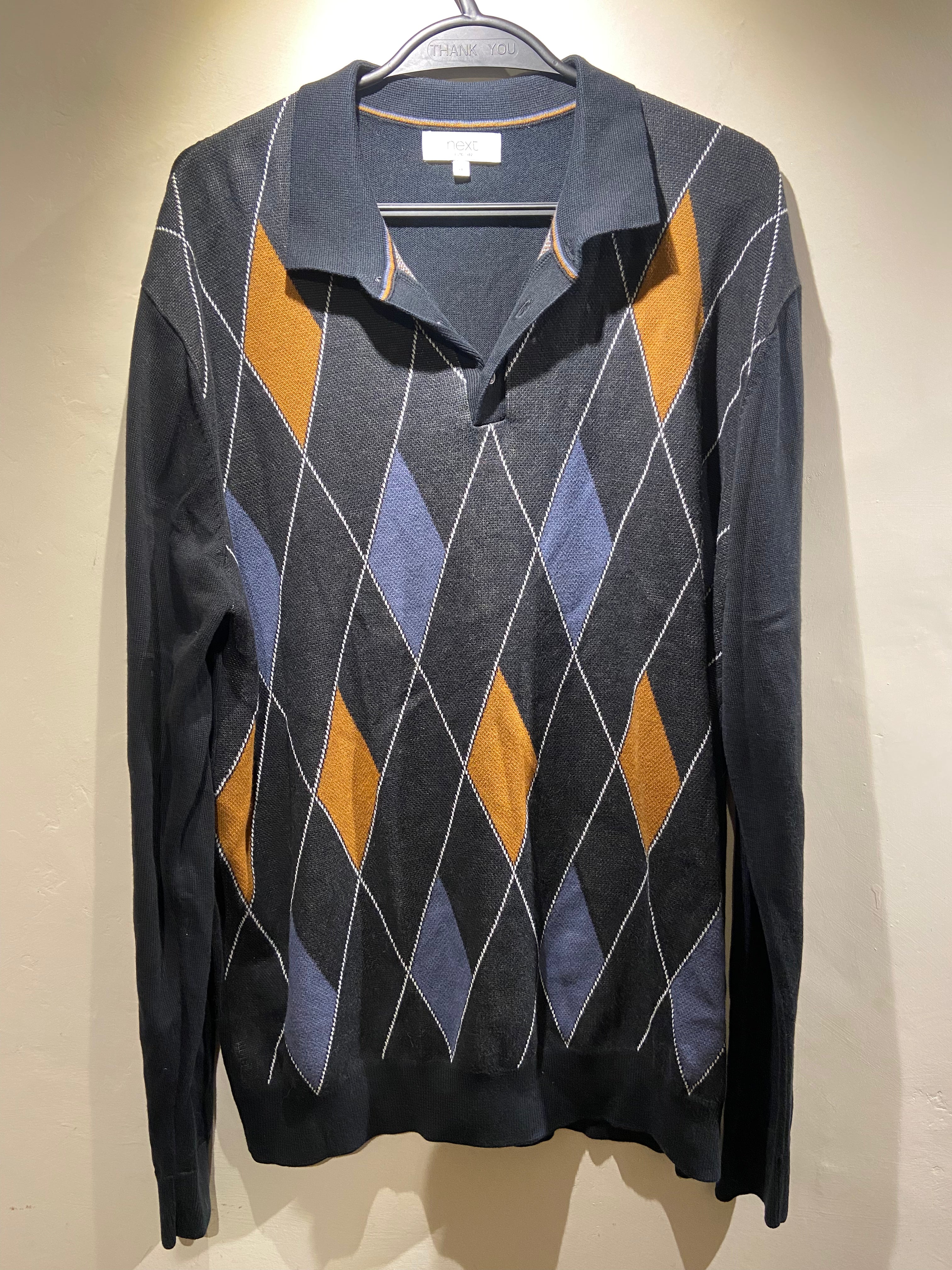 Next Argyle Blue, Orange and Grey Rugby Cotton Jumper (XL)