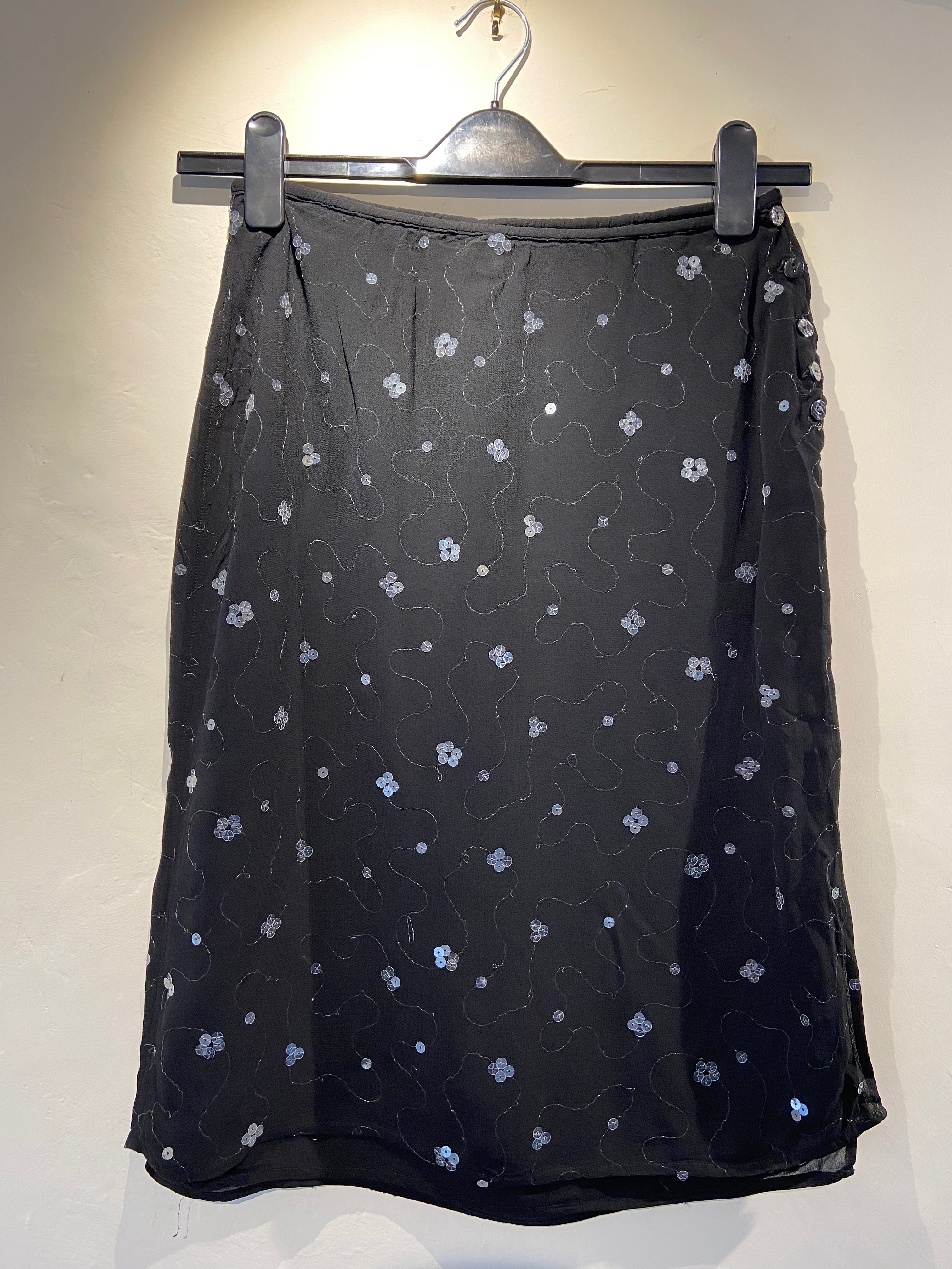 Ghost Black crepe midi skirt with swirl sequin embroidery (8-10)