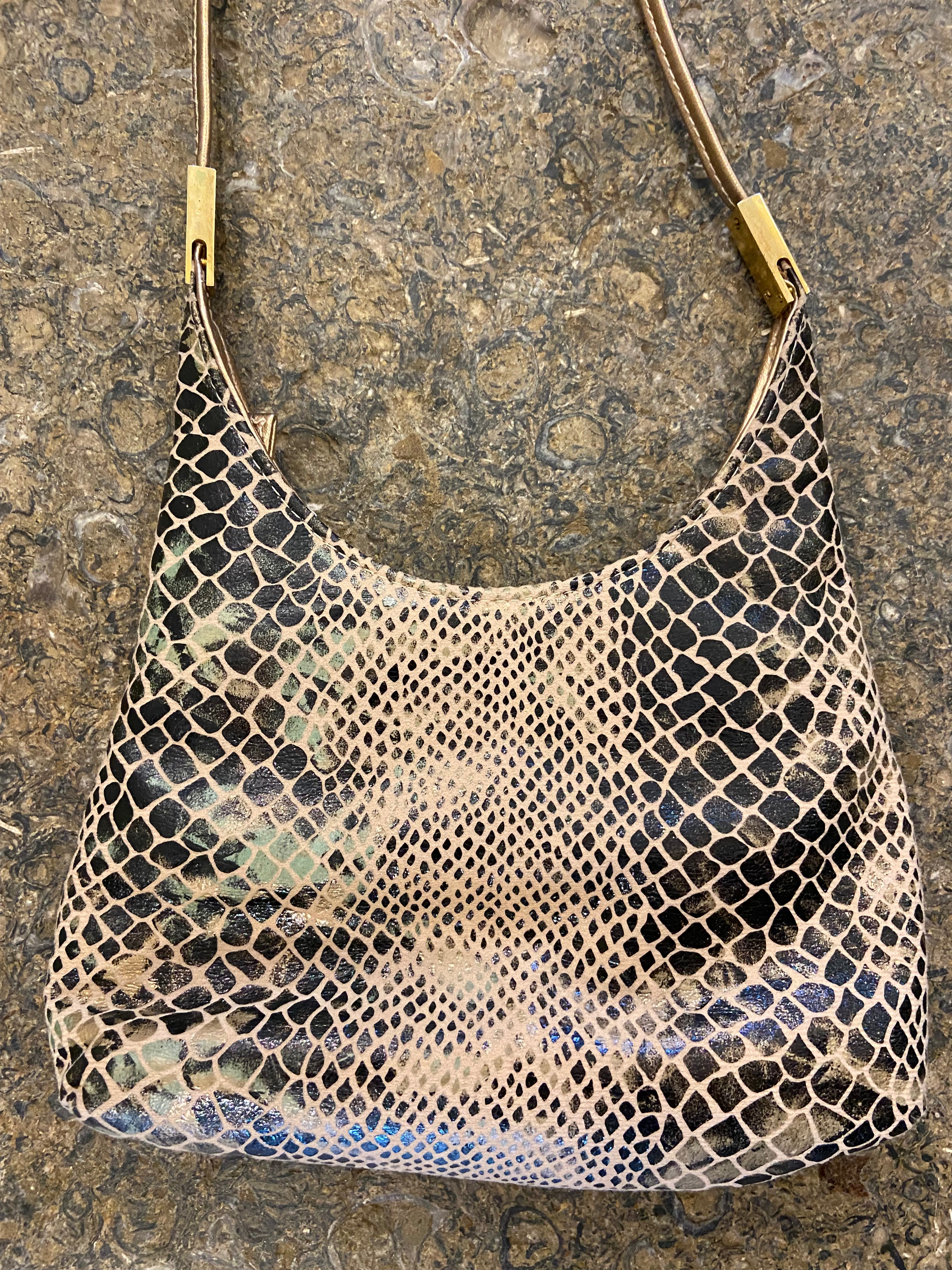 Faux Snakeskin Beige and Black Mini Shoulder Bag