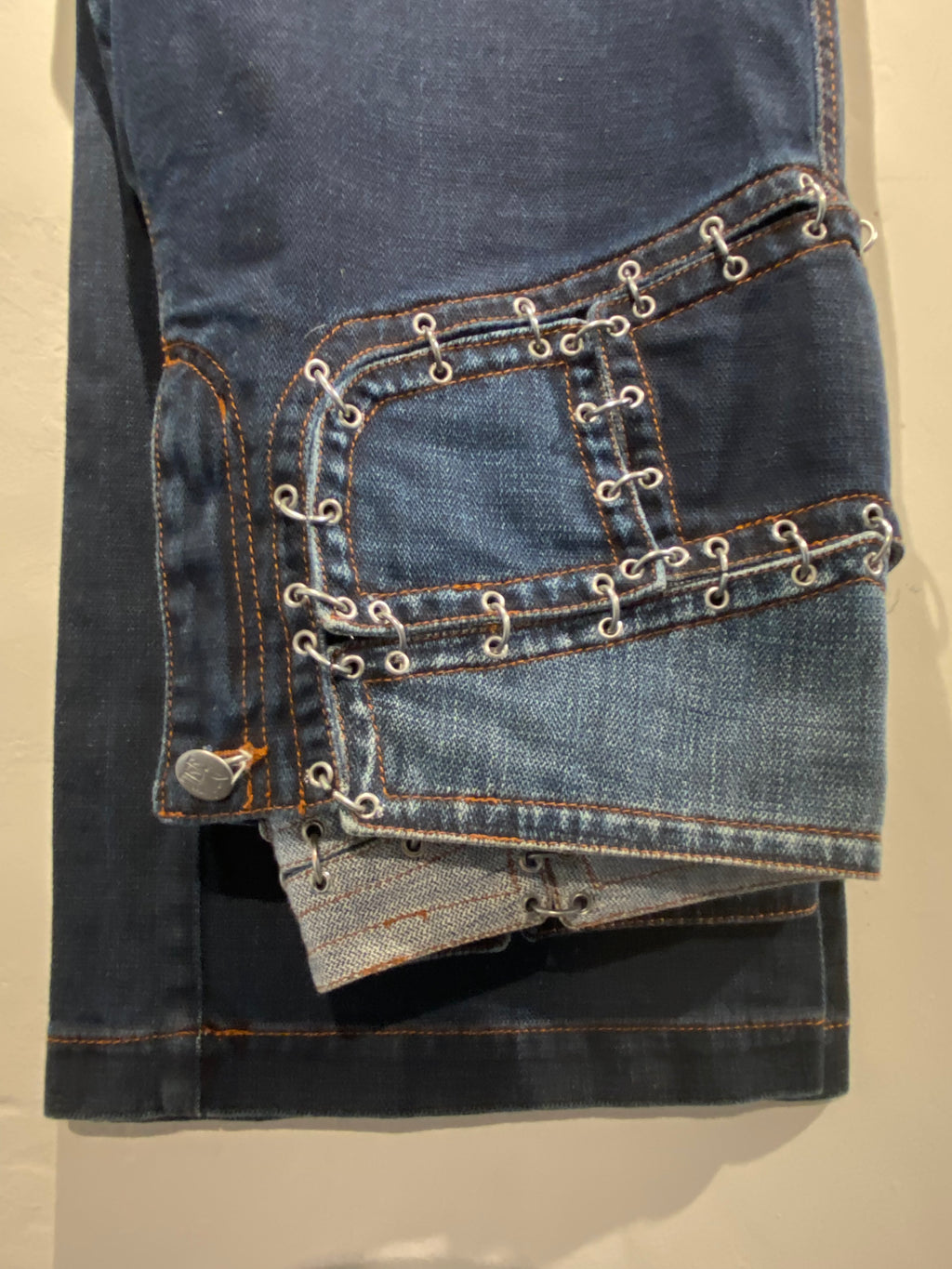 Jean Paul Gautier 2000's Blue low rise jeans with cutout and metalware (10)
