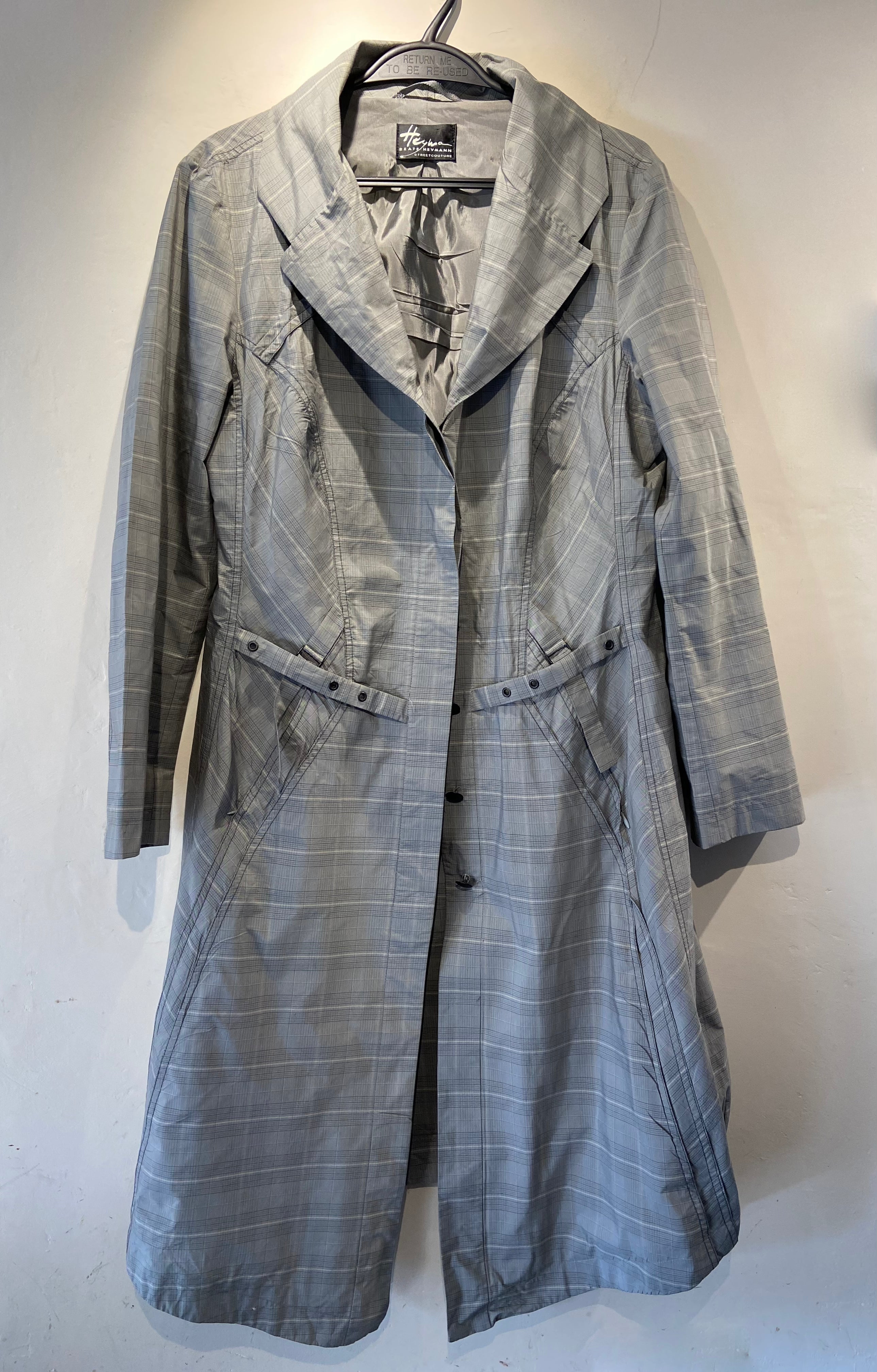 Vintage Grey Checked Mac Coat with strap & ruching, size 12-16