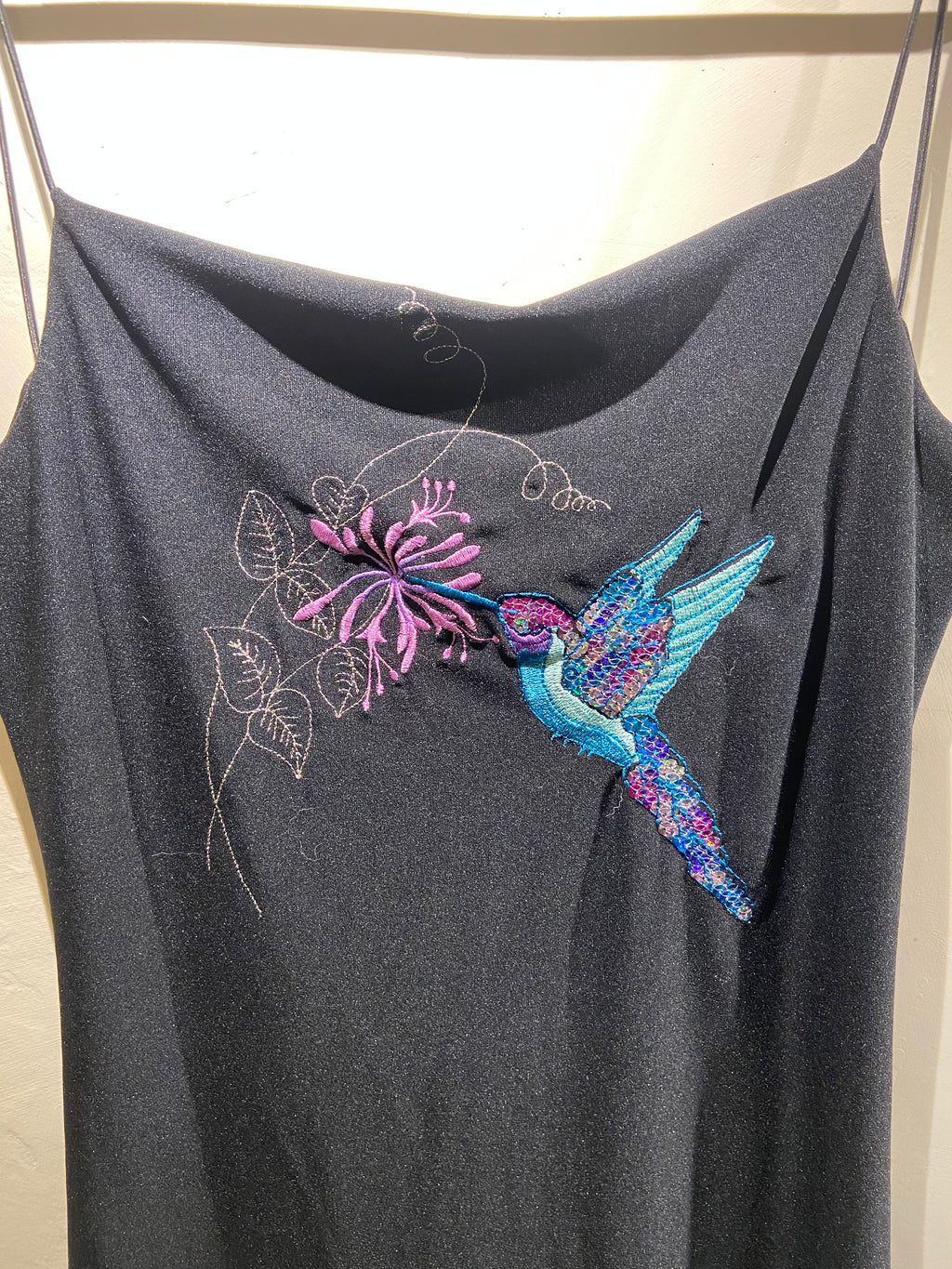 2000's Black Backless Dress with Hummingbird Embroidery (6-8)