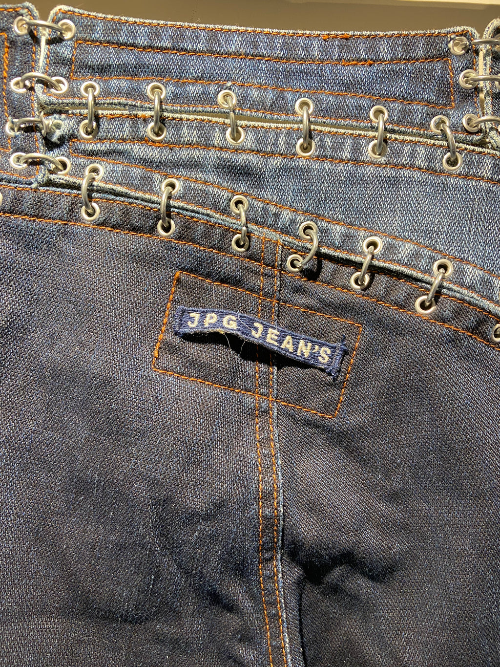 Jean Paul Gautier 2000's Blue low rise jeans with cutout and metalware (10)