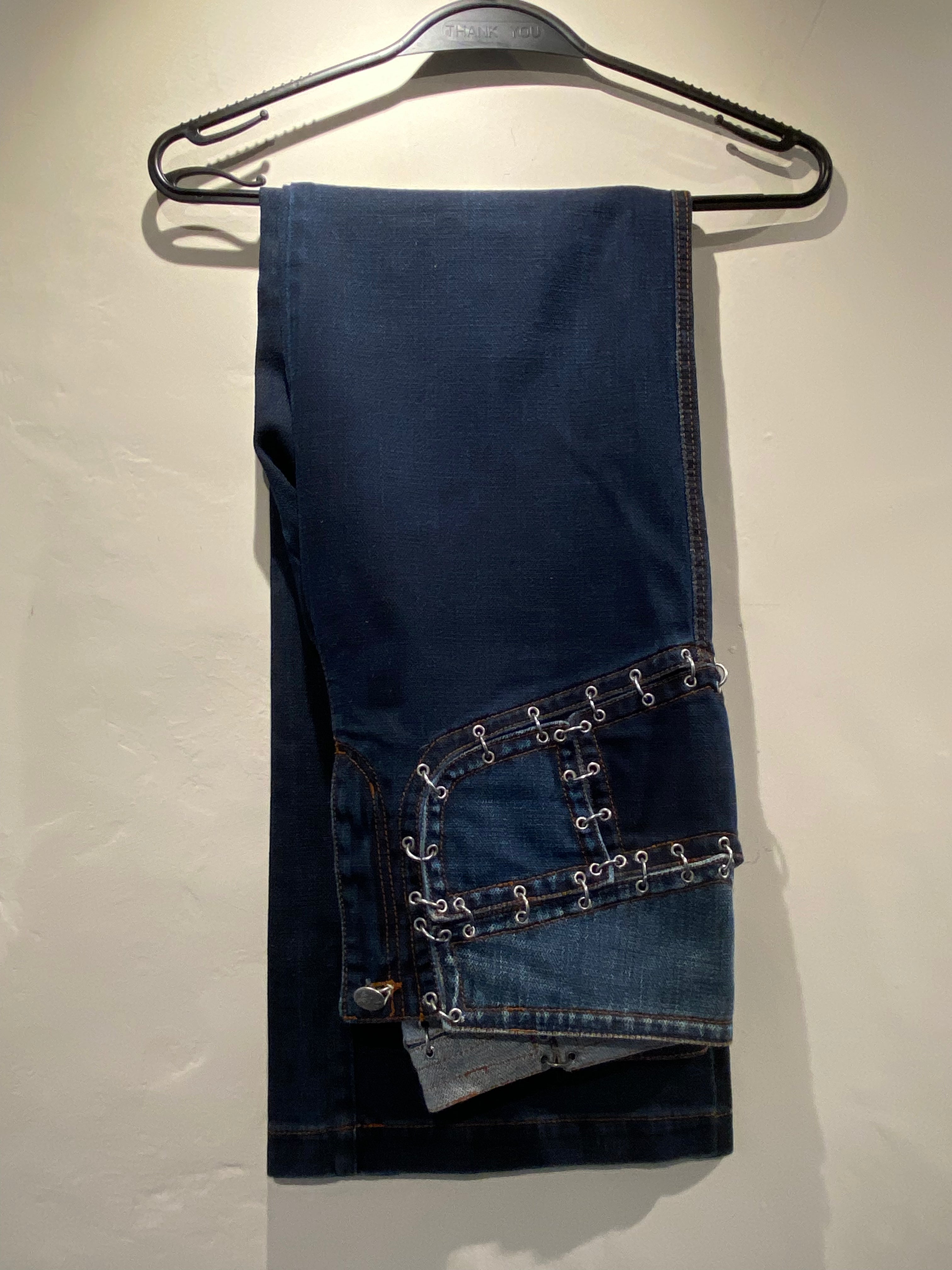 Jean Paul Gautier 2000's Blue low rise jeans with cutout and metalware (10)