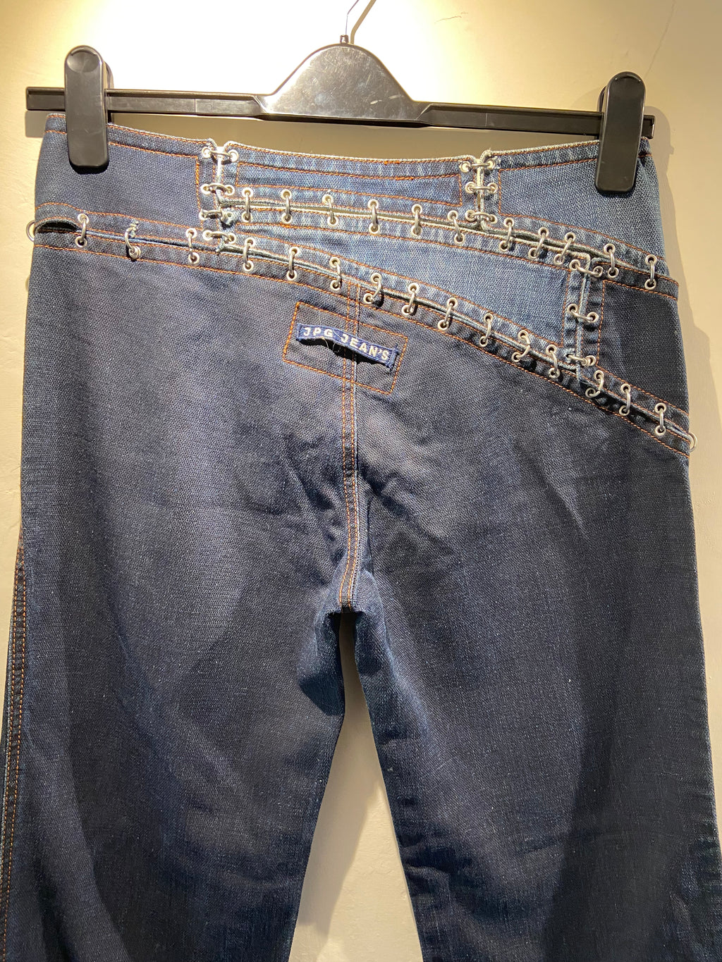 Jean Paul Gautier 2000's Blue low rise jeans with cutout and metalware (10)