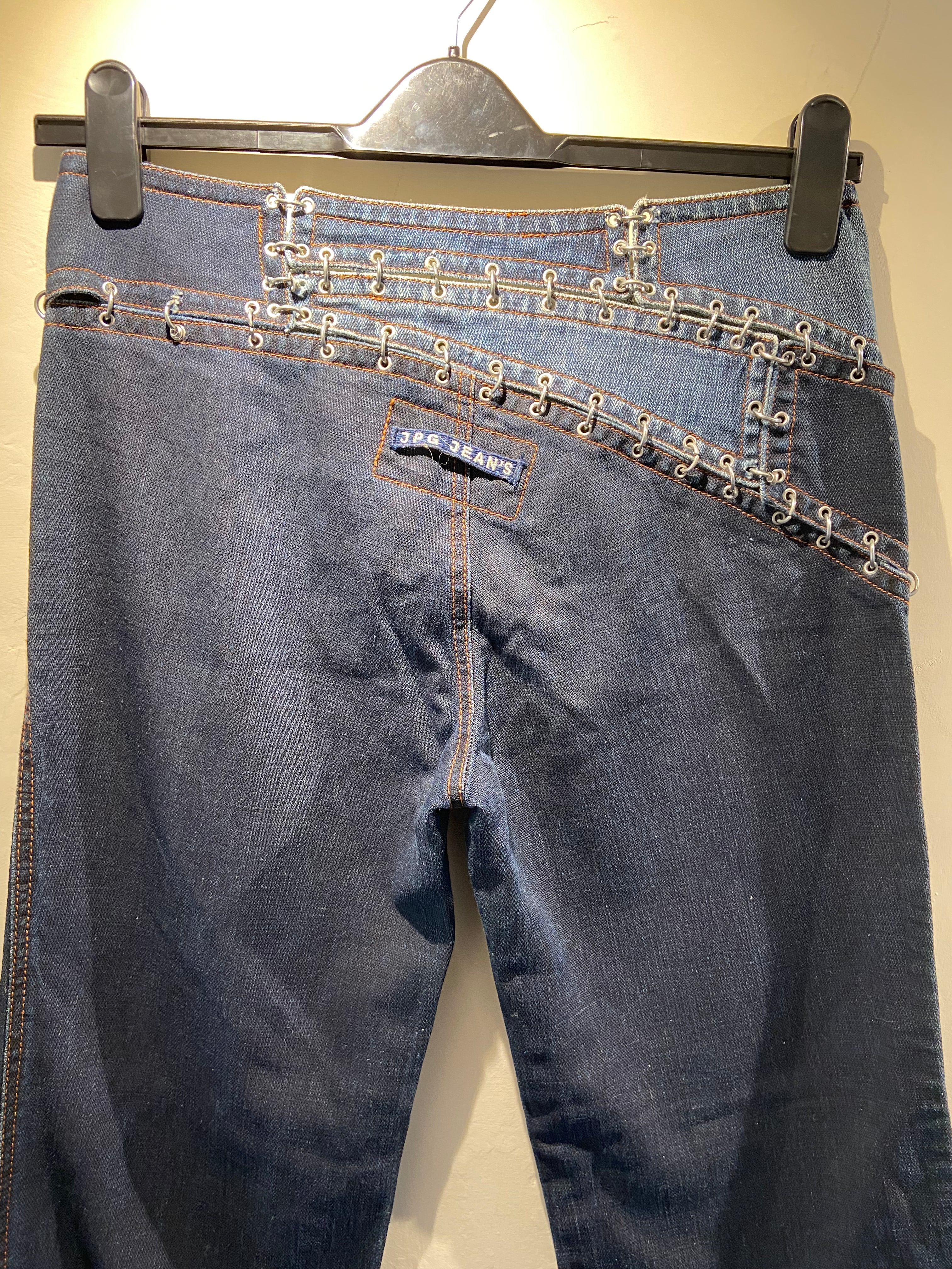 Jean Paul Gautier 2000's Blue low rise jeans with cutout and metalware (10)