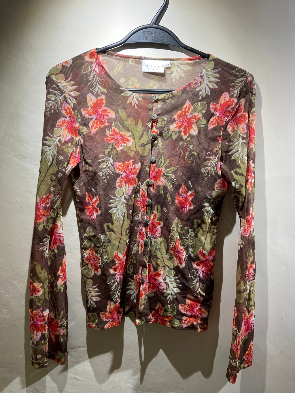 Hennes red, green and brown floral mesh long sleeved top (10)