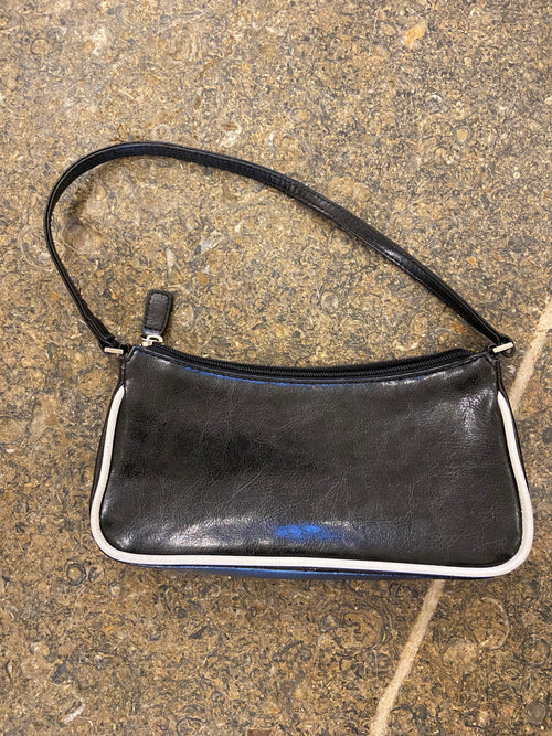 2000's Black and White faux leather shoulder bag with retro flowers