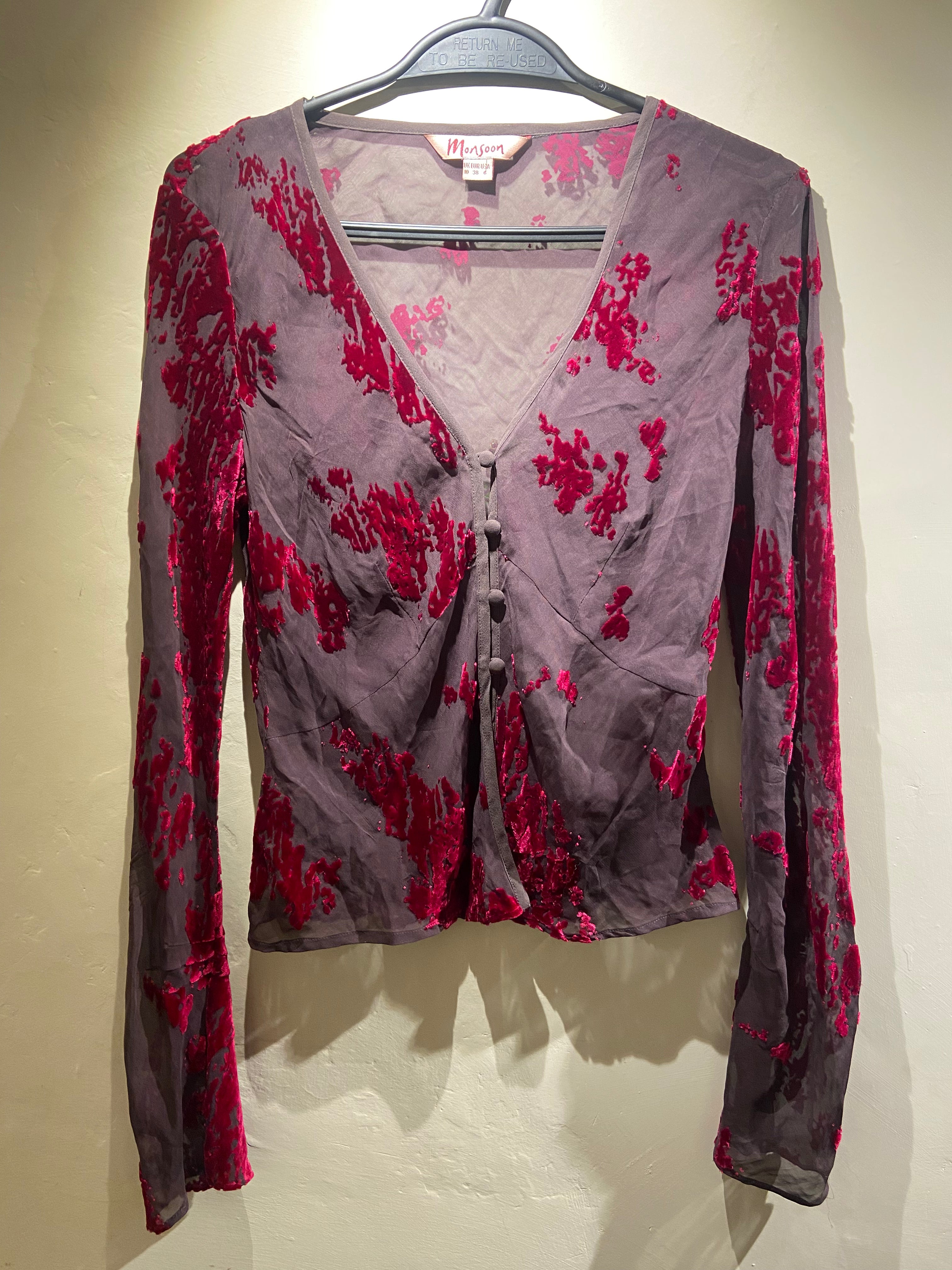Monsoon Brown and Burgundy velvet mix abstract print blouse (10-12)