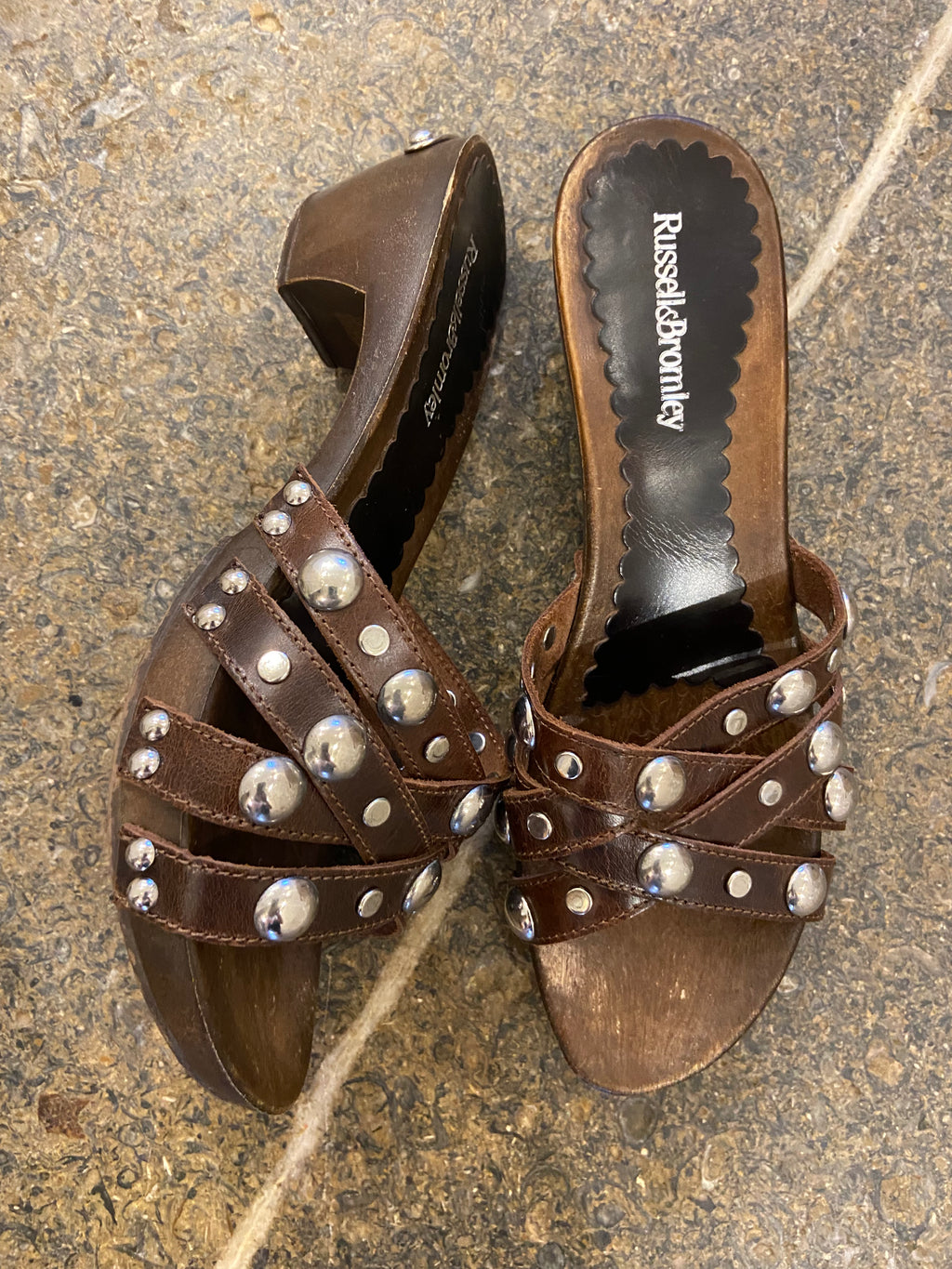 Russel & Bromley Brown Mule heels with silver studs (5.5-6)
