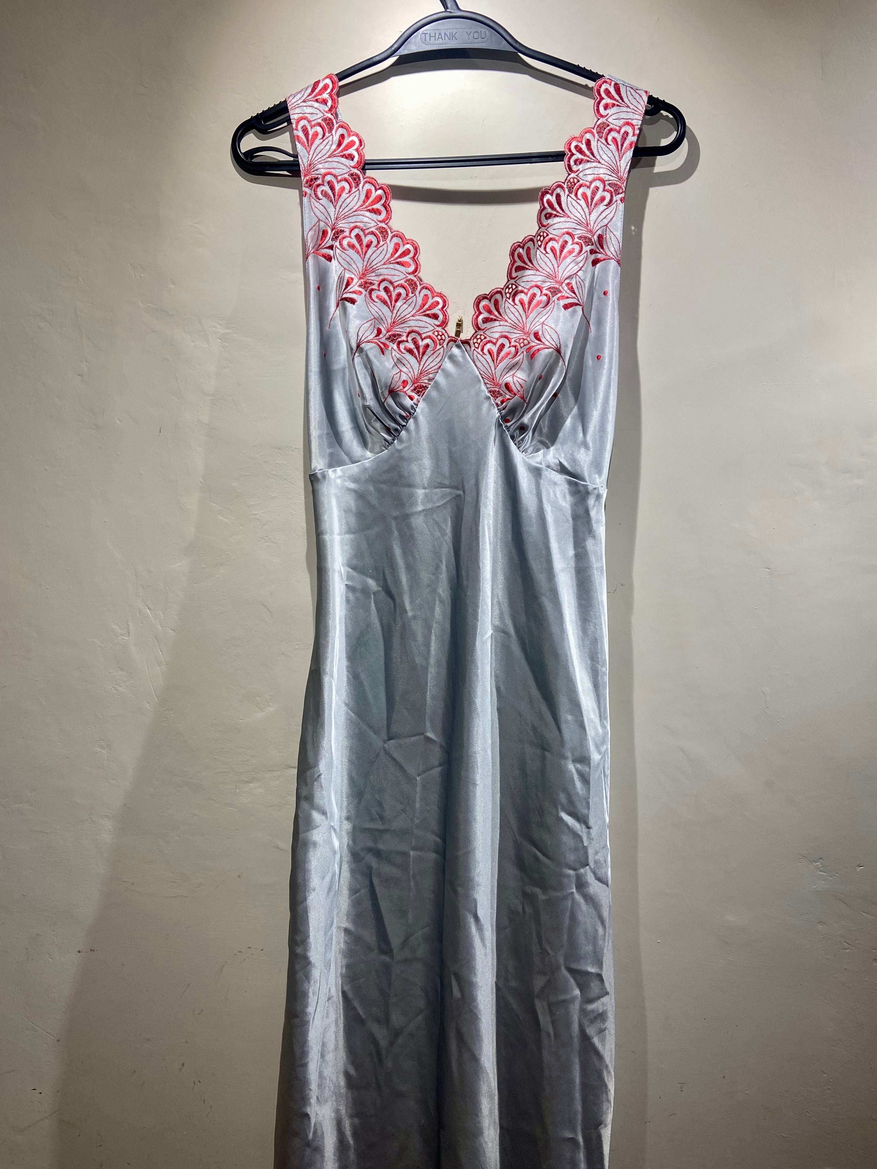 Upcycled Marks & Spencer Pale Blue Slip midi dress with red lace (10-12)
