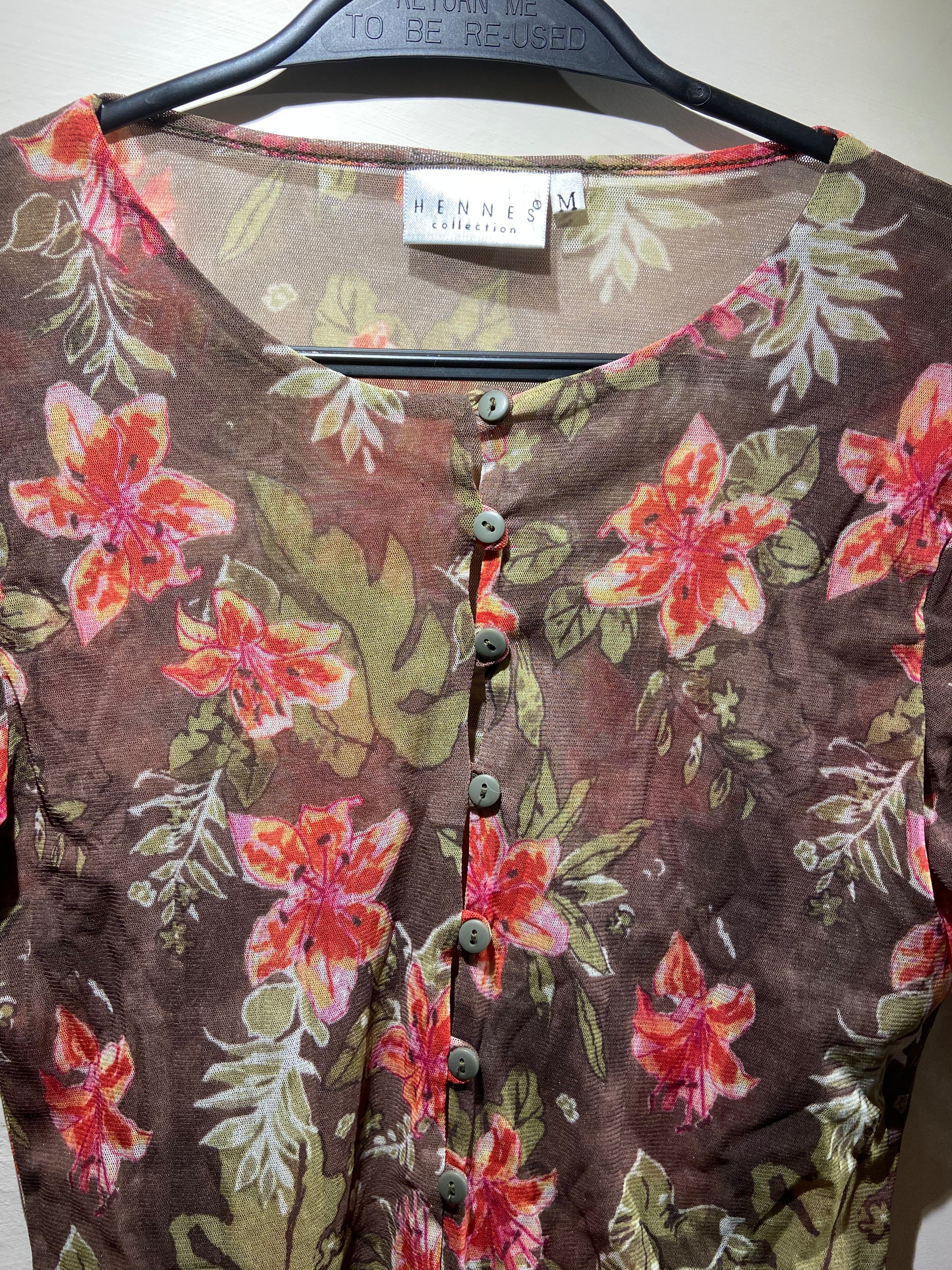 Hennes red, green and brown floral mesh long sleeved top (10)