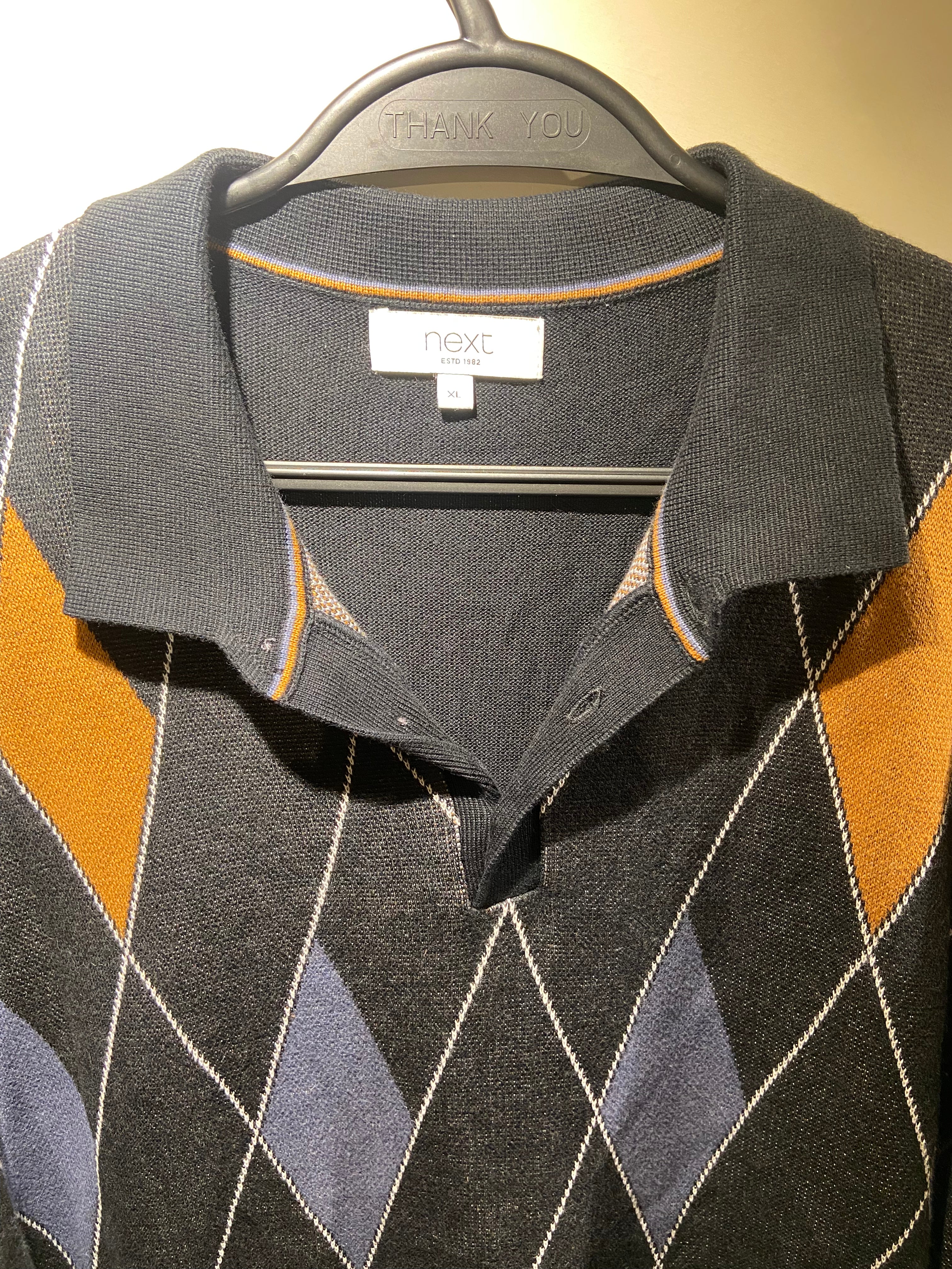 Next Argyle Blue, Orange and Grey Rugby Cotton Jumper (XL)