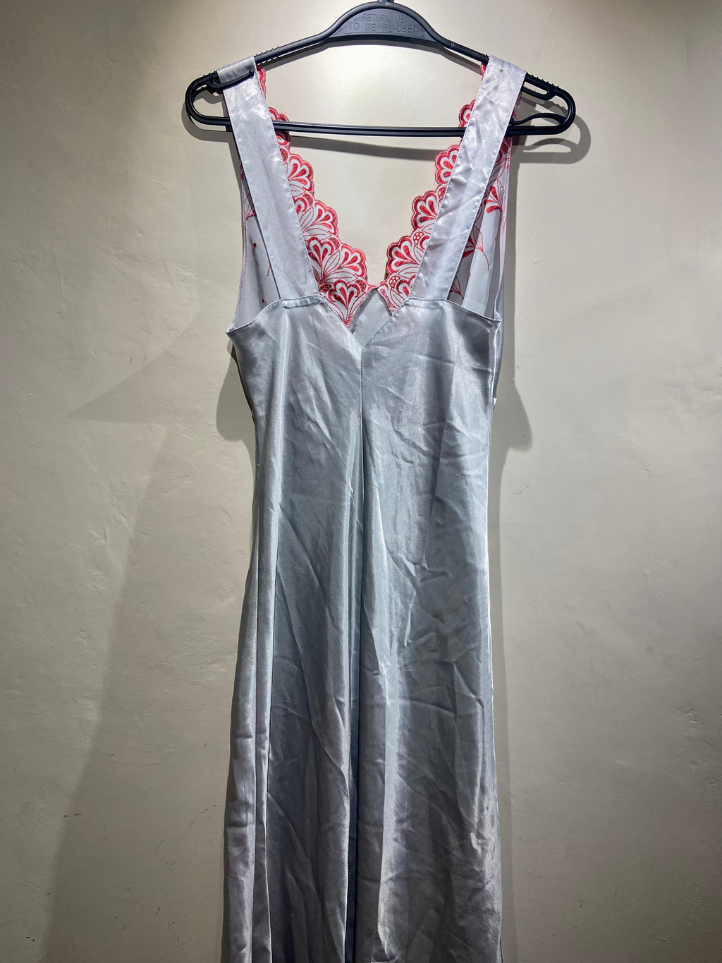 Upcycled Marks & Spencer Pale Blue Slip midi dress with red lace (10-12)