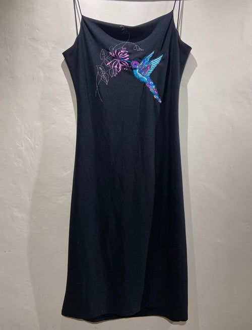 2000's Black Backless Dress with Hummingbird Embroidery (6-8)