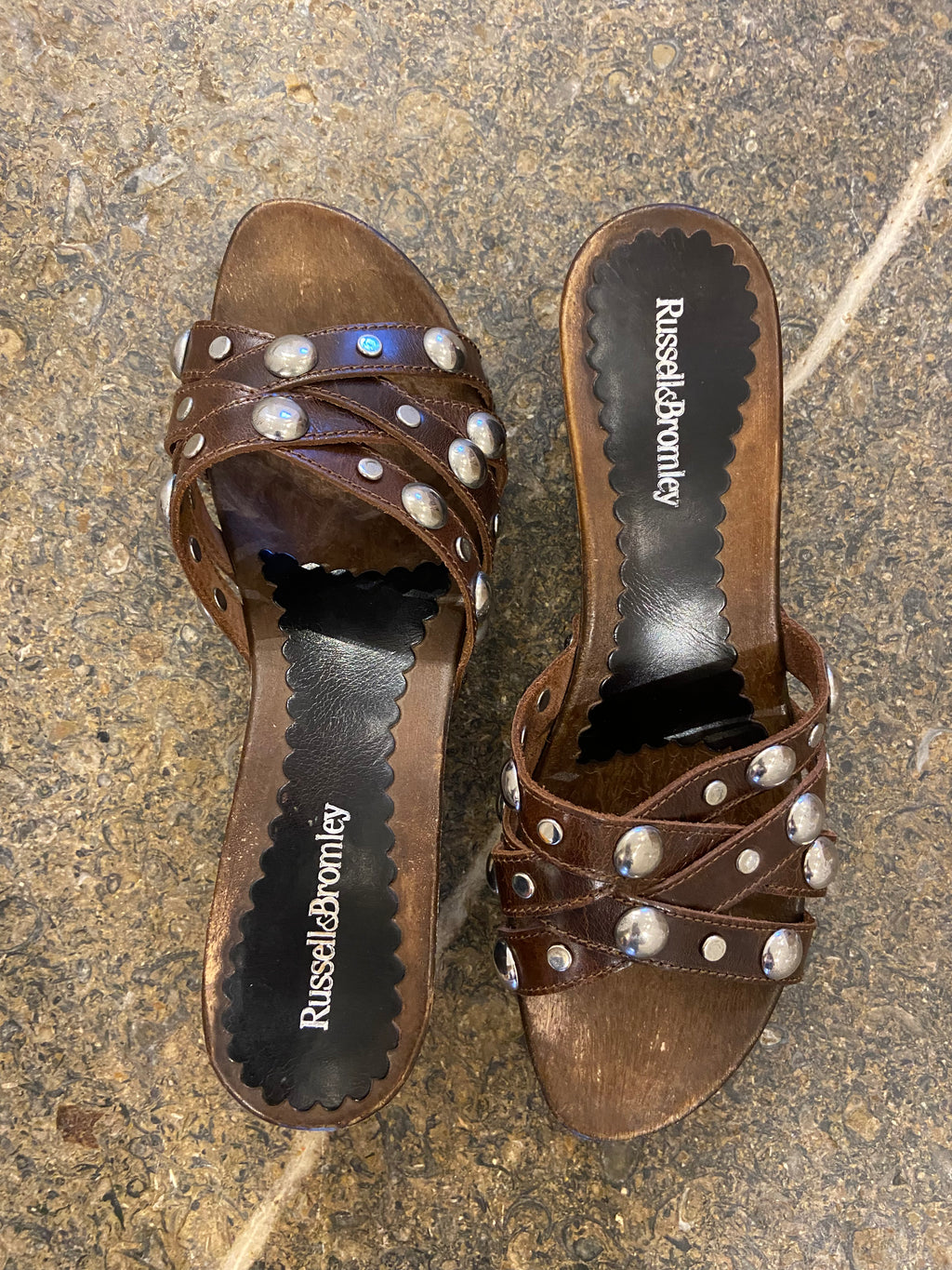 Russel & Bromley Brown Mule heels with silver studs (5.5-6)
