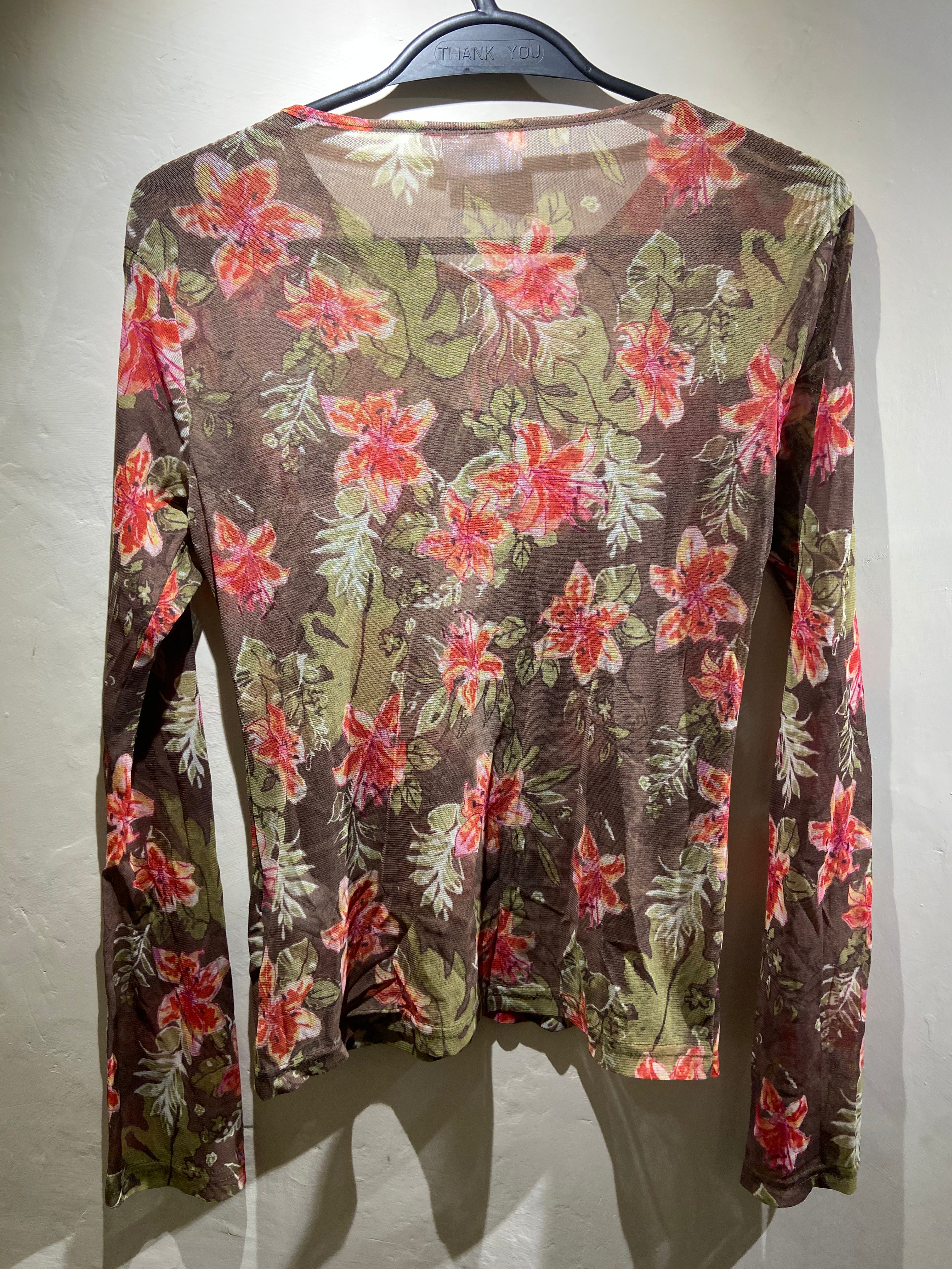 Hennes red, green and brown floral mesh long sleeved top (10)