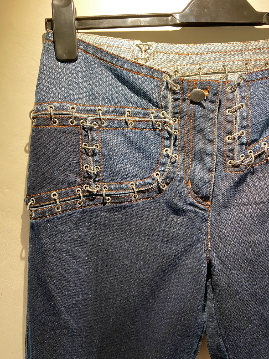 Jean Paul Gautier 2000's Blue low rise jeans with cutout and metalware (10)