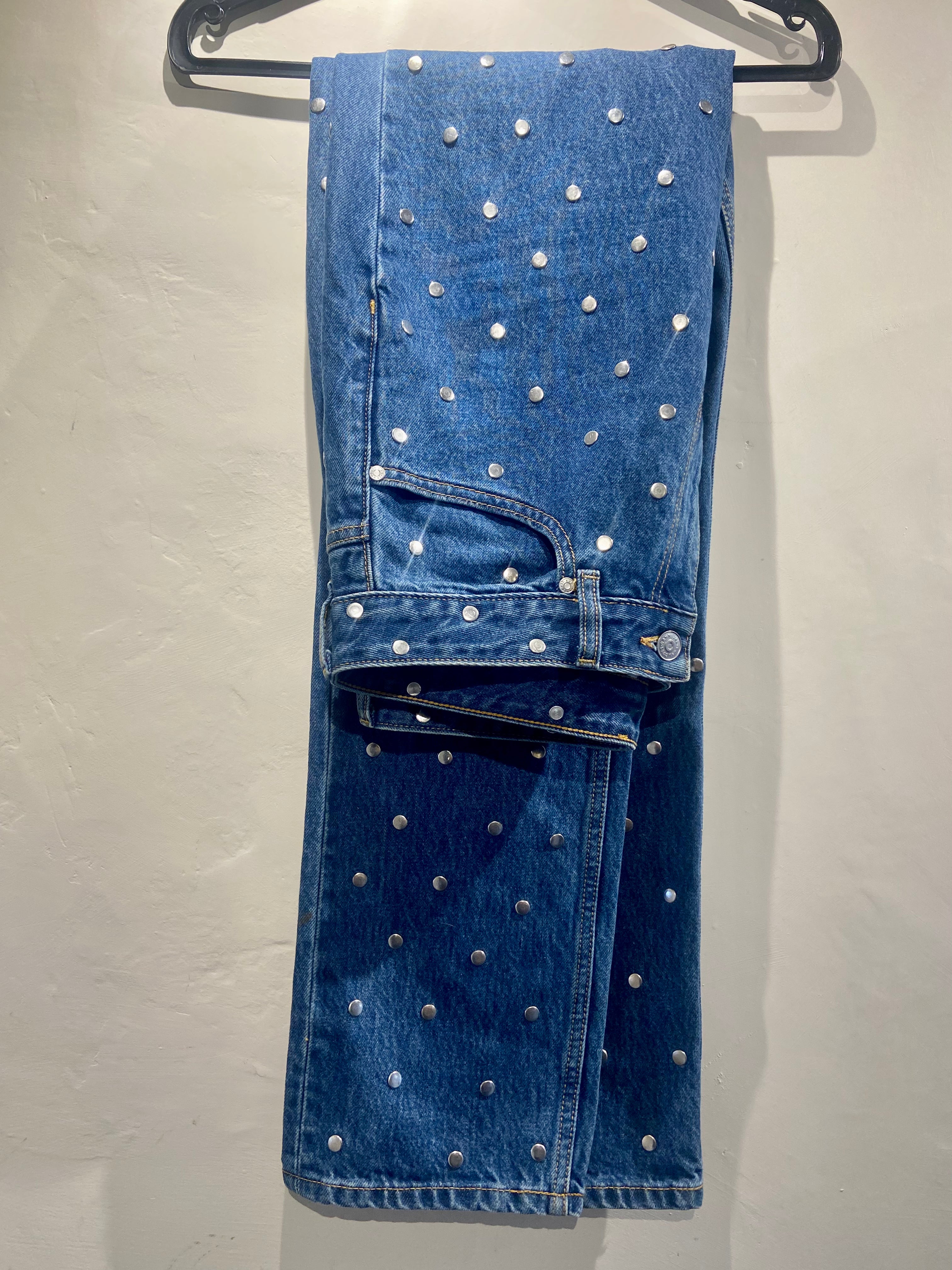 Ganni Blue tapered straight leg jeans with silver stud detail (12)