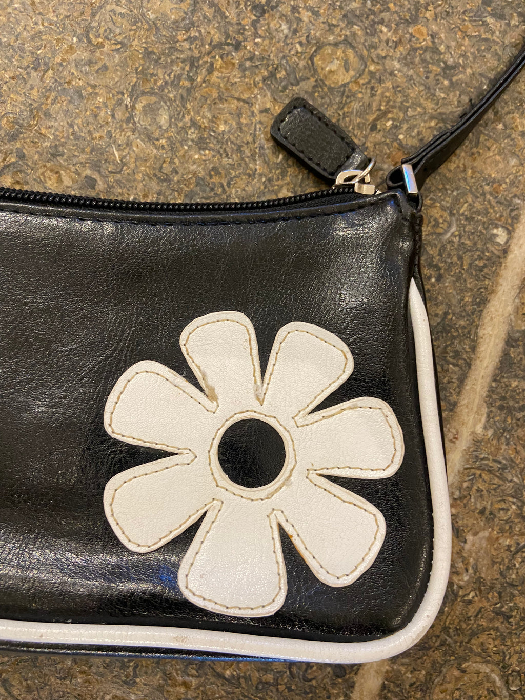 2000's Black and White faux leather shoulder bag with retro flowers