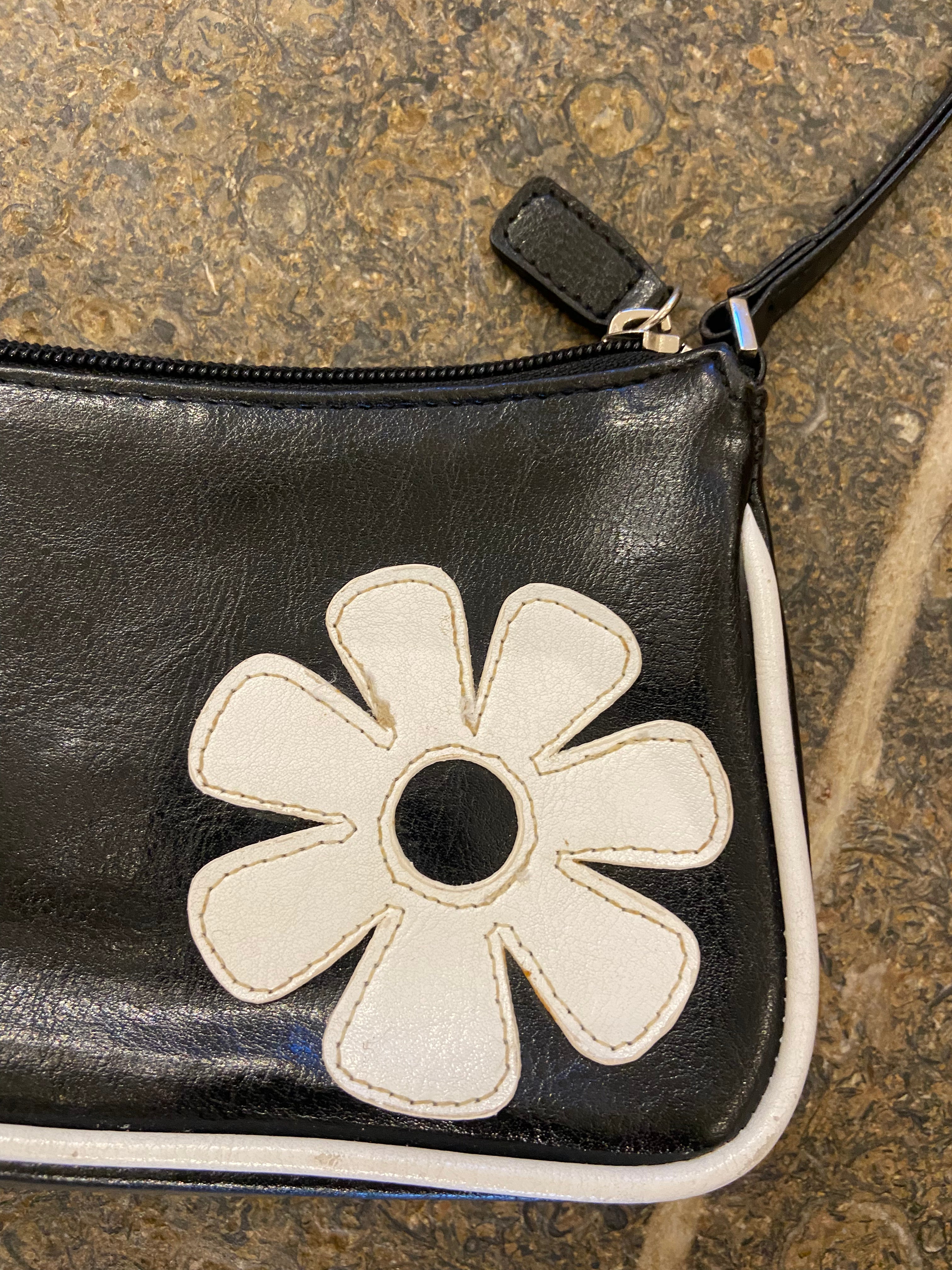 2000's Black and White faux leather shoulder bag with retro flowers