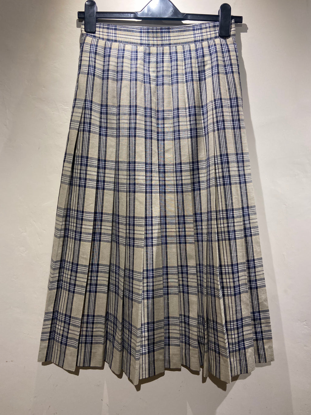 Beige, blue and black checked pleated midi skirt (6-8)