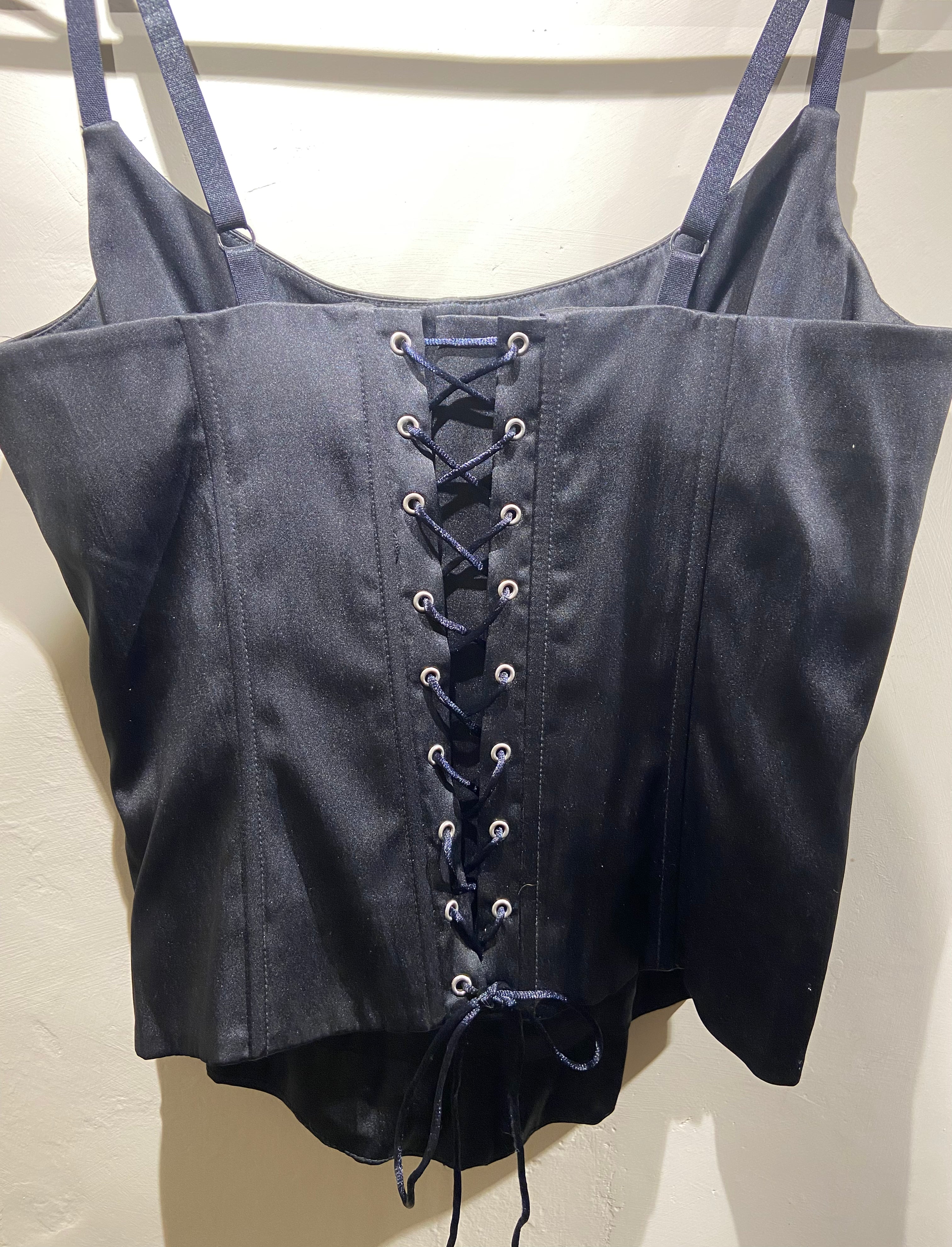 Hennes Black satin corset top with lace up detail (6-8)