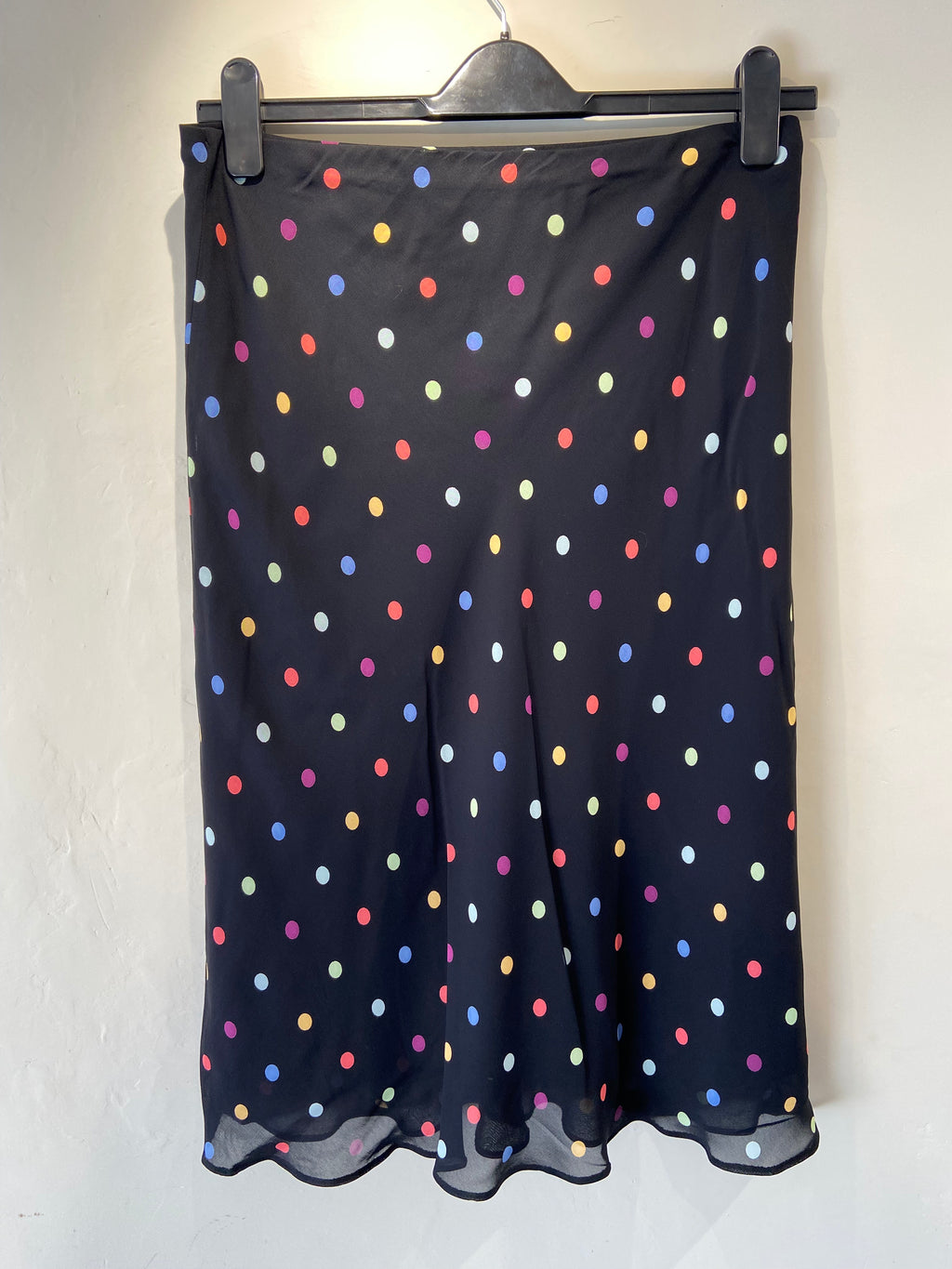 90s M&S Black and Multi-colour polka dot midi skirt (12-14)
