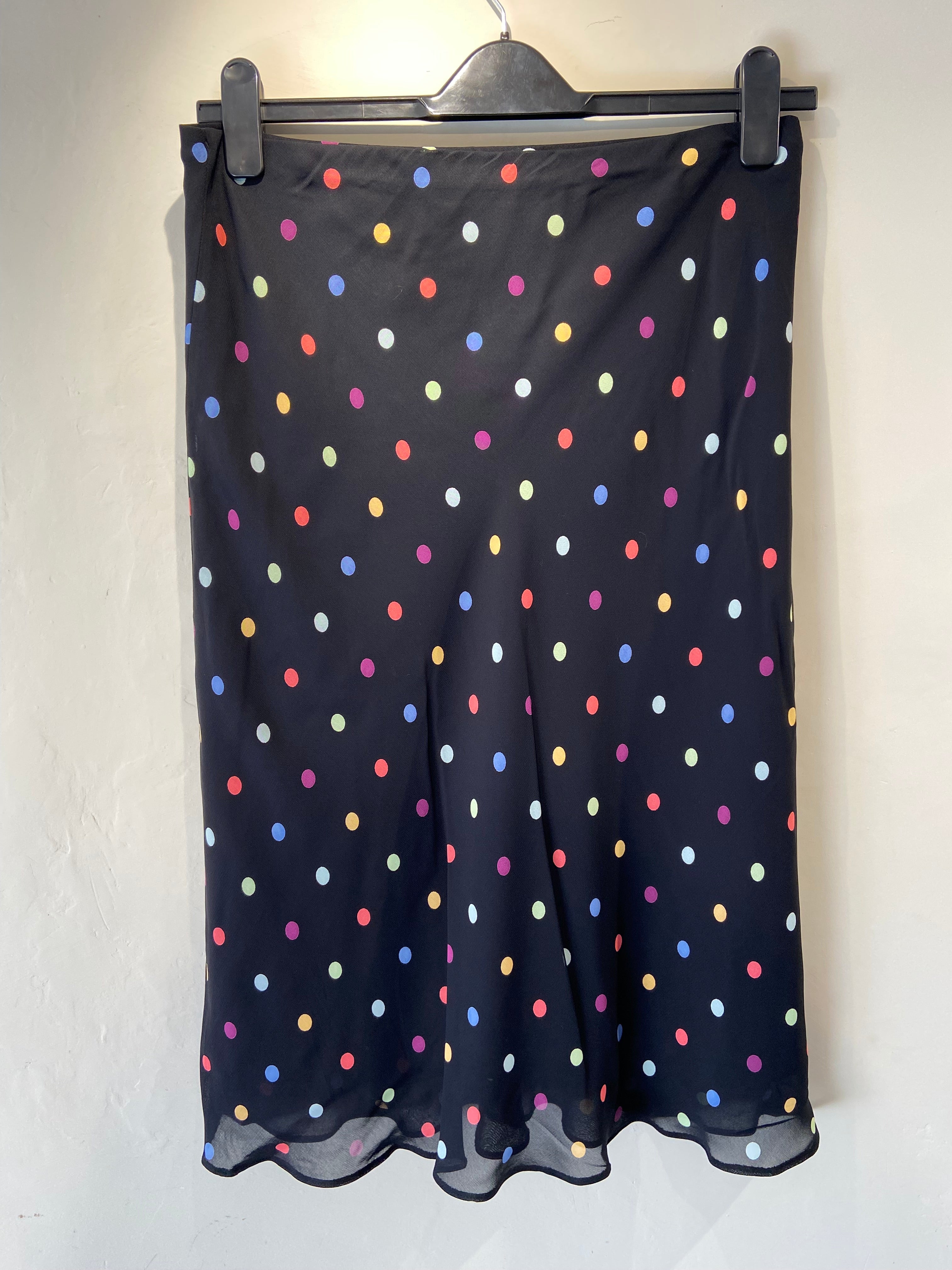 90s M&S Black and Multi-colour polka dot midi skirt (12-14)