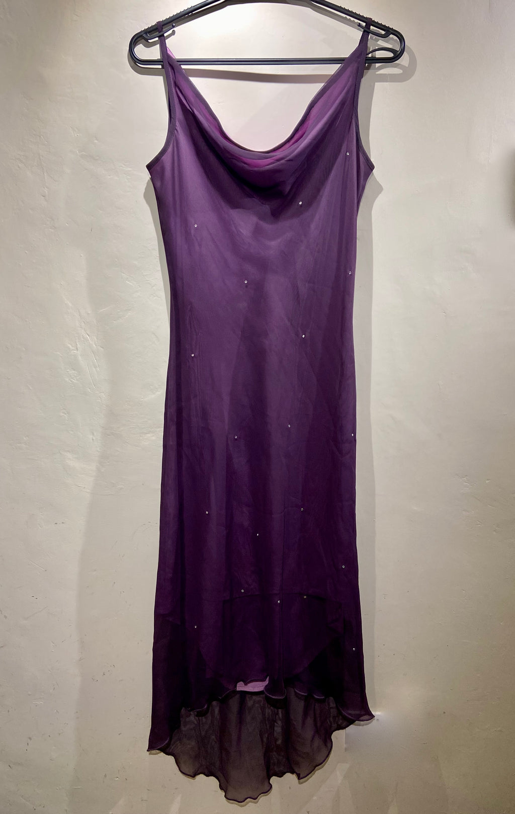 Etam Purple mesh overlay diamanté midi handkerchief hem dress (10)